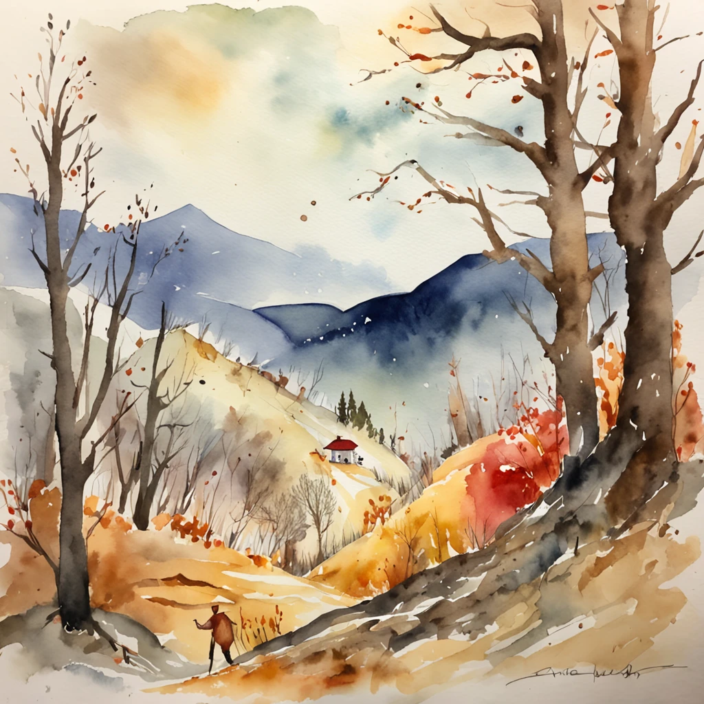 Watercolor drawing about burning people. In a distant forest a man struggles to lift his wand and fly down a hill.