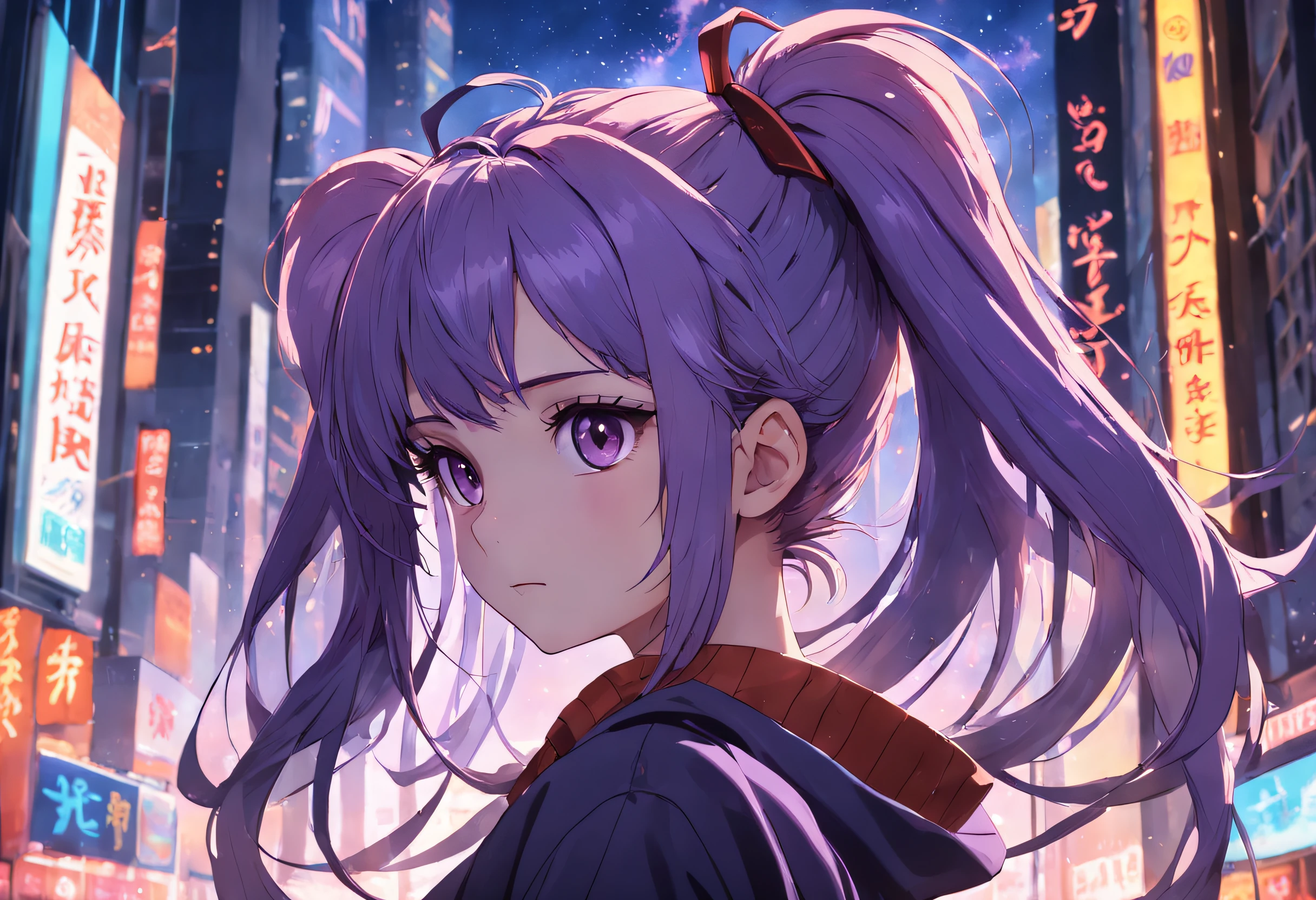 tmasterpiece，Need，Modern girl，Super delicate face，High ponytail，pony tails，purpleeyes，The city of the future，suns，