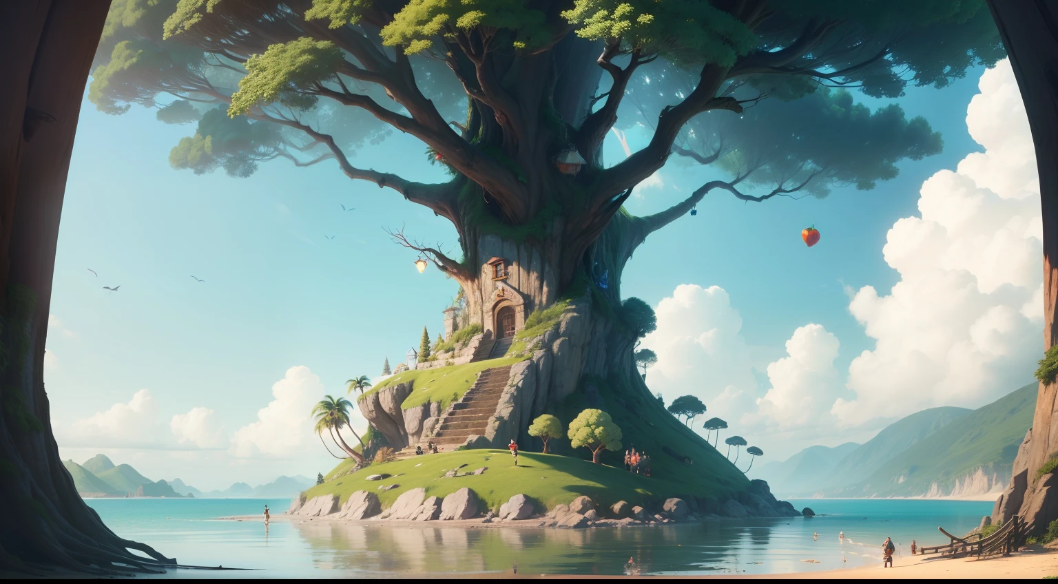His heart was full of hope. Until, finalmente, after facing some challenges, Pip arrived at the mysterious island! It was a magical place, with giant trees laden with colorful fruits and talking animals that inspired him.