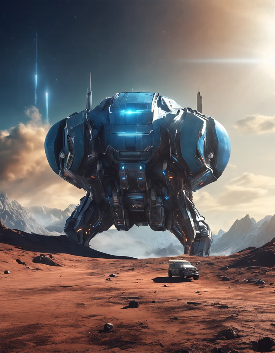 two blue planets in the dark sky::1, light armored vehicle with cabin, rolling across a frozen plain on an alien planet, wide shot, closeup, mountains in the background, high detail, 4k, masterpiece, photorealistic, digital art, science fiction, blade runner movie style