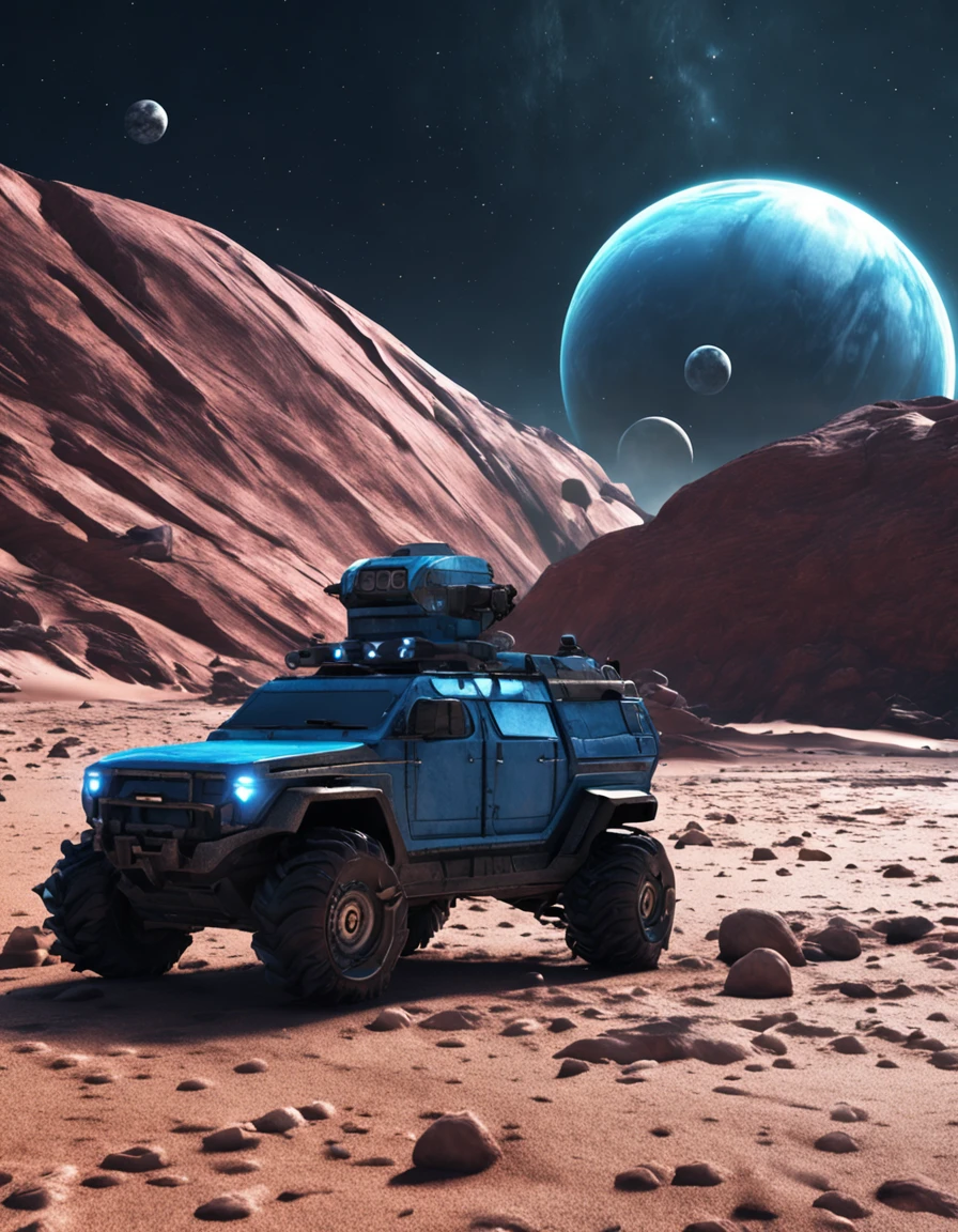 two blue planets in the dark sky::1, light armored vehicle with cabin, rolling across a frozen plain on an alien planet, wide shot, closeup, mountains in the background, high detail, 4k, masterpiece, photorealistic, digital art, science fiction, blade runner movie style