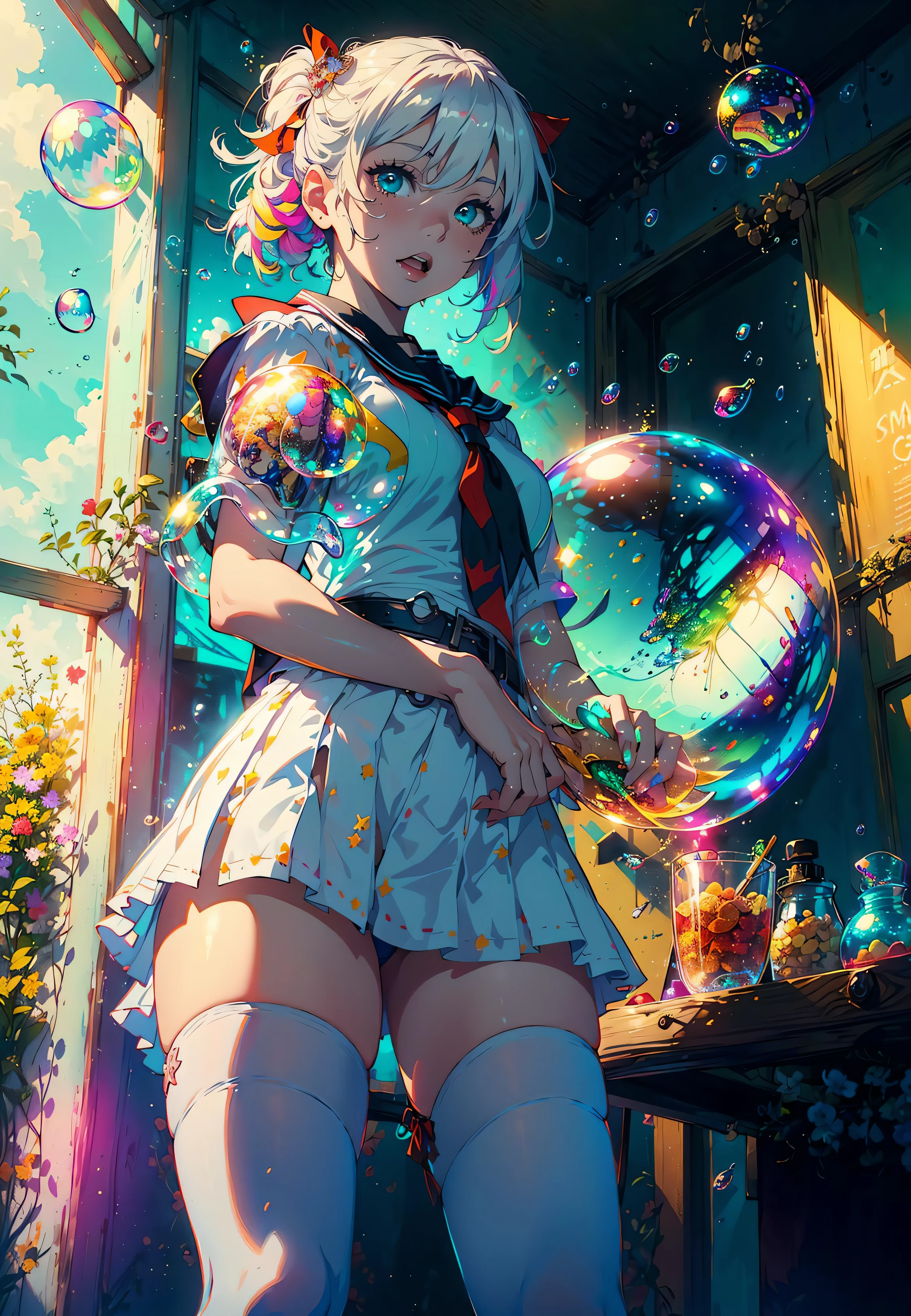 (masterpiece), (best quality), (official art, extremely detailed CG unity 8k wallpaper), (highly detailed), ((absurdres)), 1girl, mid shot, (exquisite facial features),(serafuku:1.3) ((sfw)),((clear hands)), ((white thighhighs without shoes)),aqua eyes, color contact lenses, stars in the eyes, (((colorful bubble))), colourful glass, (album cover)