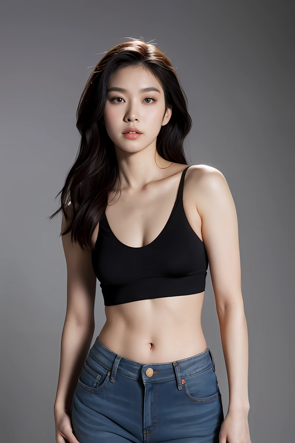 [art by Boris Vallejo, (art by Boris Vallejo:0.7)::13], Photo of a behance, Beautiful Korean kpop idol Woman, Calvin Cline black sports bra , jeans , Belt, Mecha background, film grain, Sony A7, Depth of field 270mm