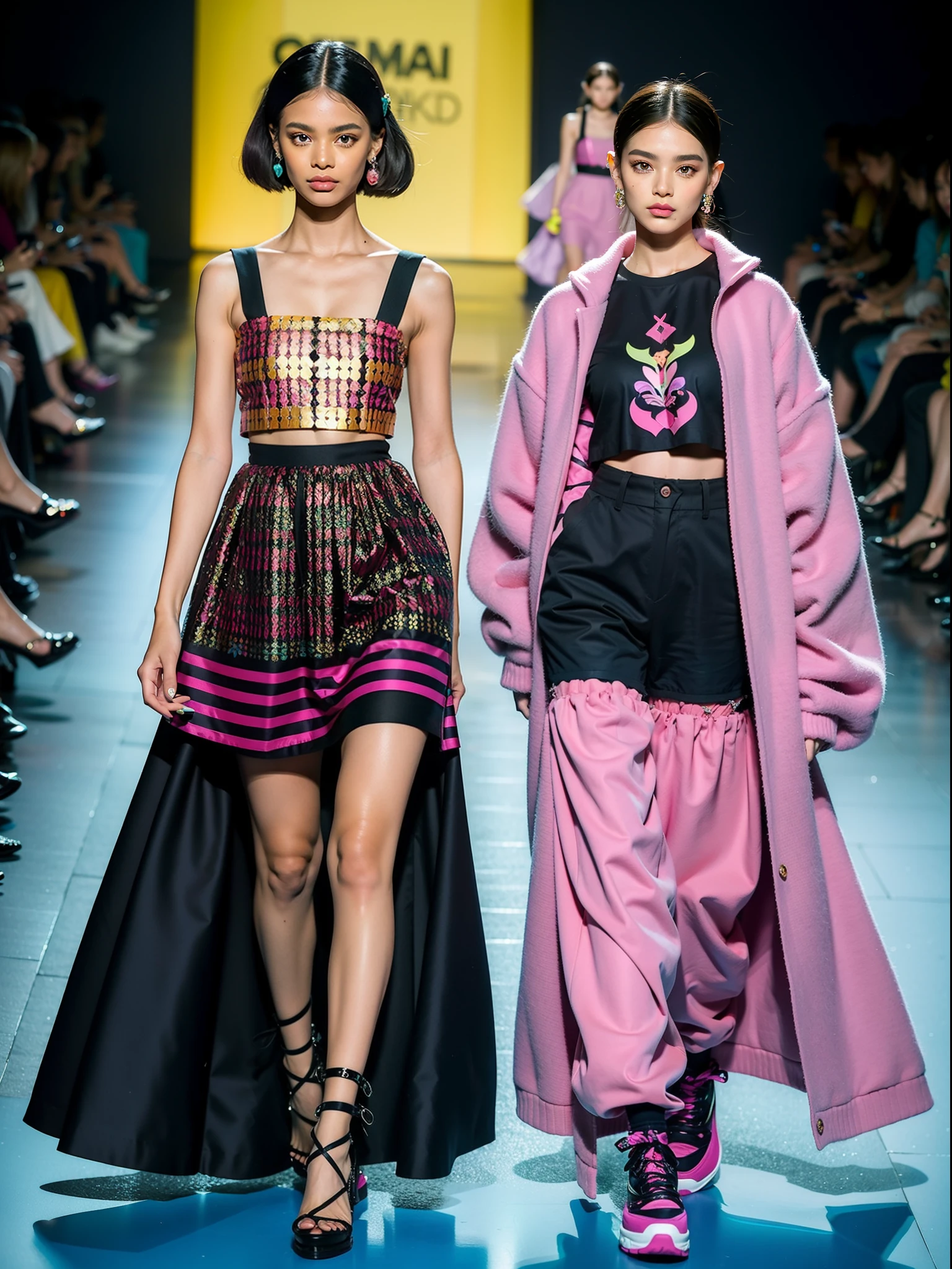 um desfile conceitual de moda, Fashion influencer trends, frequentadores urbanos, Estampas estilo patchwork., Parts with different details. Saias midi plissadas | | |, (dark colors will be magenta, lavanda, terracota, turquesa, verde turquesa e rosa Barbie). roupas estampadas, checkered pieces