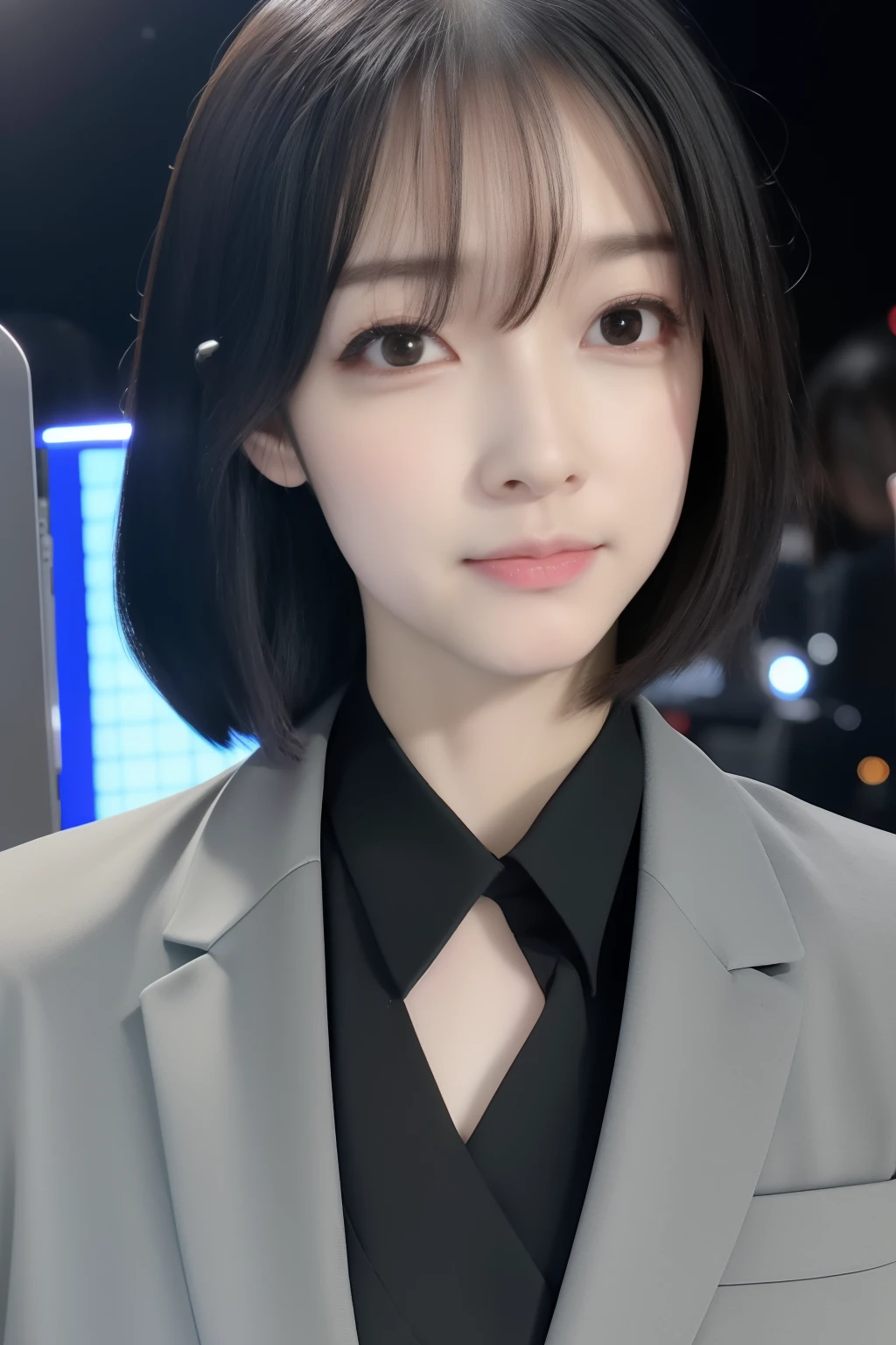 (8k, RAW photo, best quality, mastery:1.2), (realistic, photo-realistic:1.37),(Kpop idol), (aegyo sal:1),cute,professional lighting, photon mapping, radiosity, physically-based rendering , cosplay, lucy \(cyberpunk\), bob cut, mechanical parts, grey eyes, black tight suit, cyberpunk city, black pants, night, neon lights, sexy, smoke, looking at viewer,, 8k 高分辨率, 8k, CG壁纸, 现实, 清晰的背景, 中等乳房, 全身