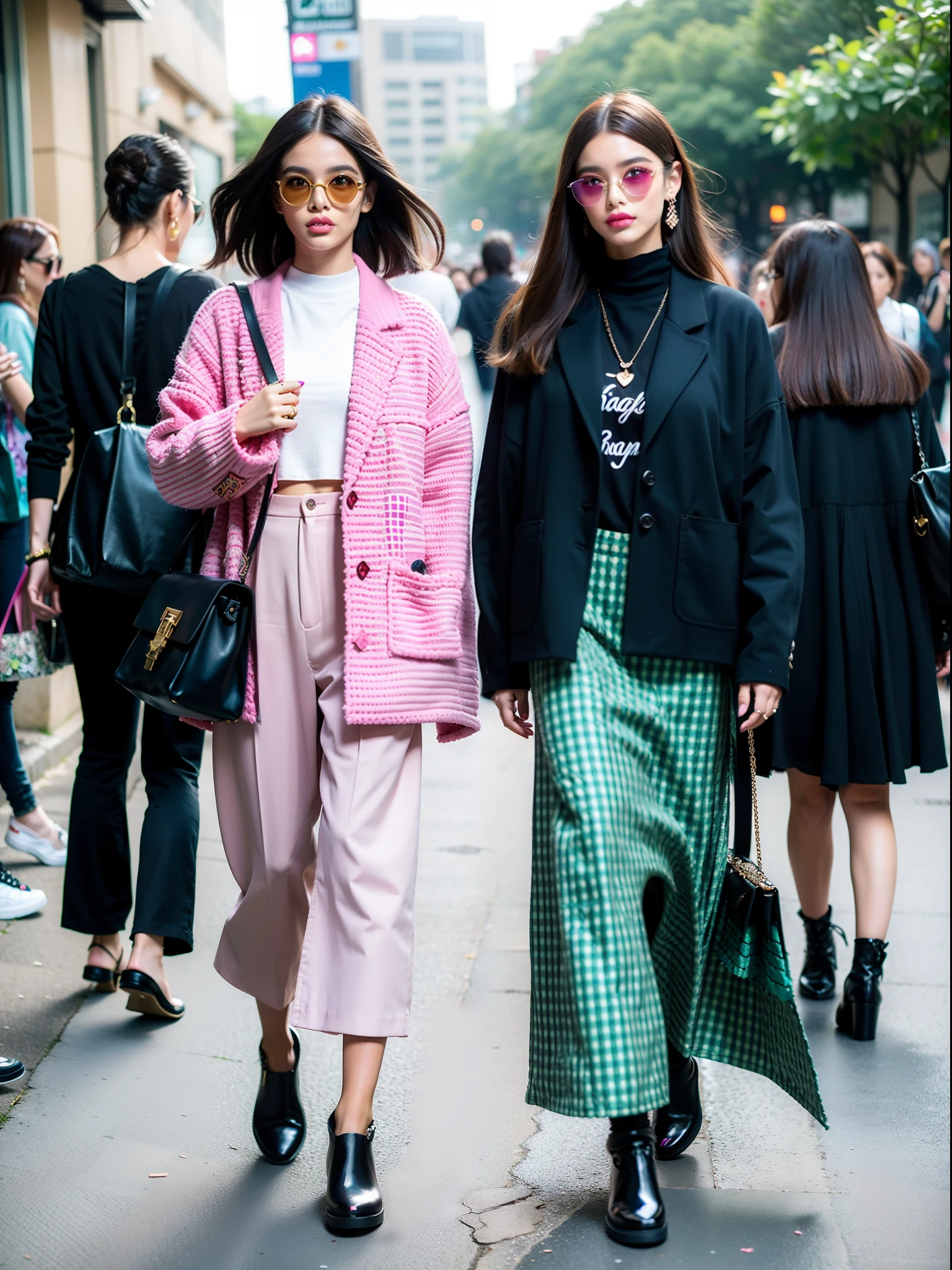 um desfile conceitual de moda, Fashion influencer trends, frequentadores urbanos, Estampas estilo patchwork., Parts with different details. Saias midi plissadas | |, (dark colors will be magenta, lavanda, terracota, turquesa, verde turquesa e rosa Barbie). roupas estampadas, checkered pieces