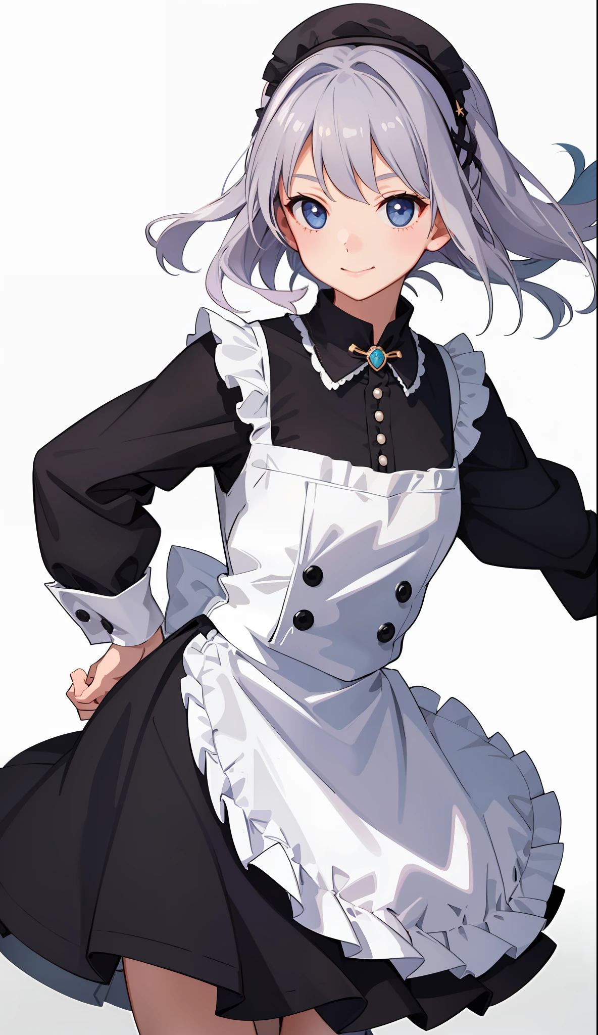1girl in、A smile、A delightful!　The shirt、skirt by the、（small tits）pinafore、doress、hair adornments、（Maids）、run！Spring breeze、