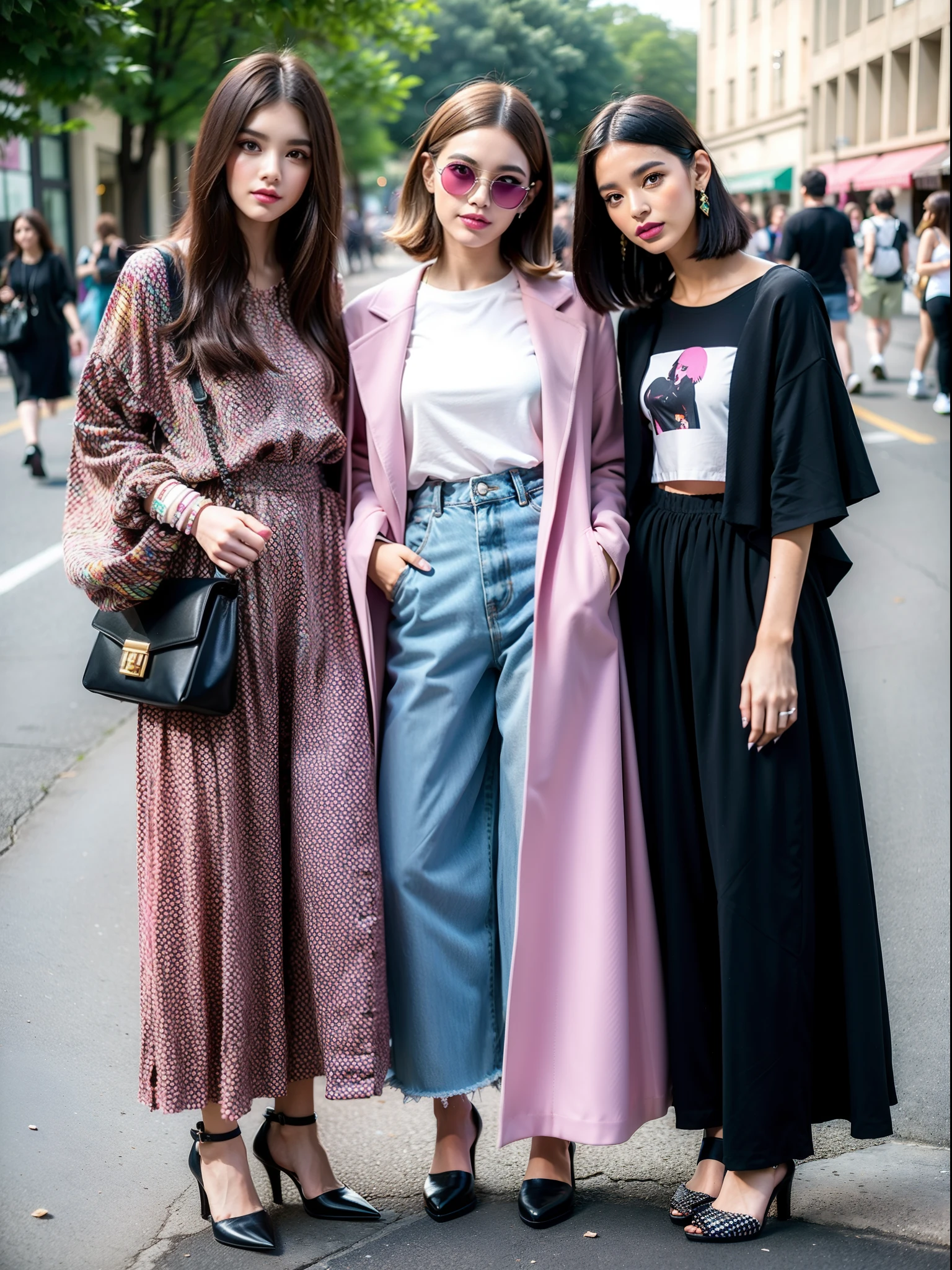 um desfile conceitual de moda, Fashion influencer trends, frequentadores urbanos, Estampas estilo patchwork., Parts with different details. Saias midi plissadas | |, (dark colors will be magenta, lavanda, terracota, turquesa, verde turquesa e rosa Barbie). roupas estampadas, checkered pieces