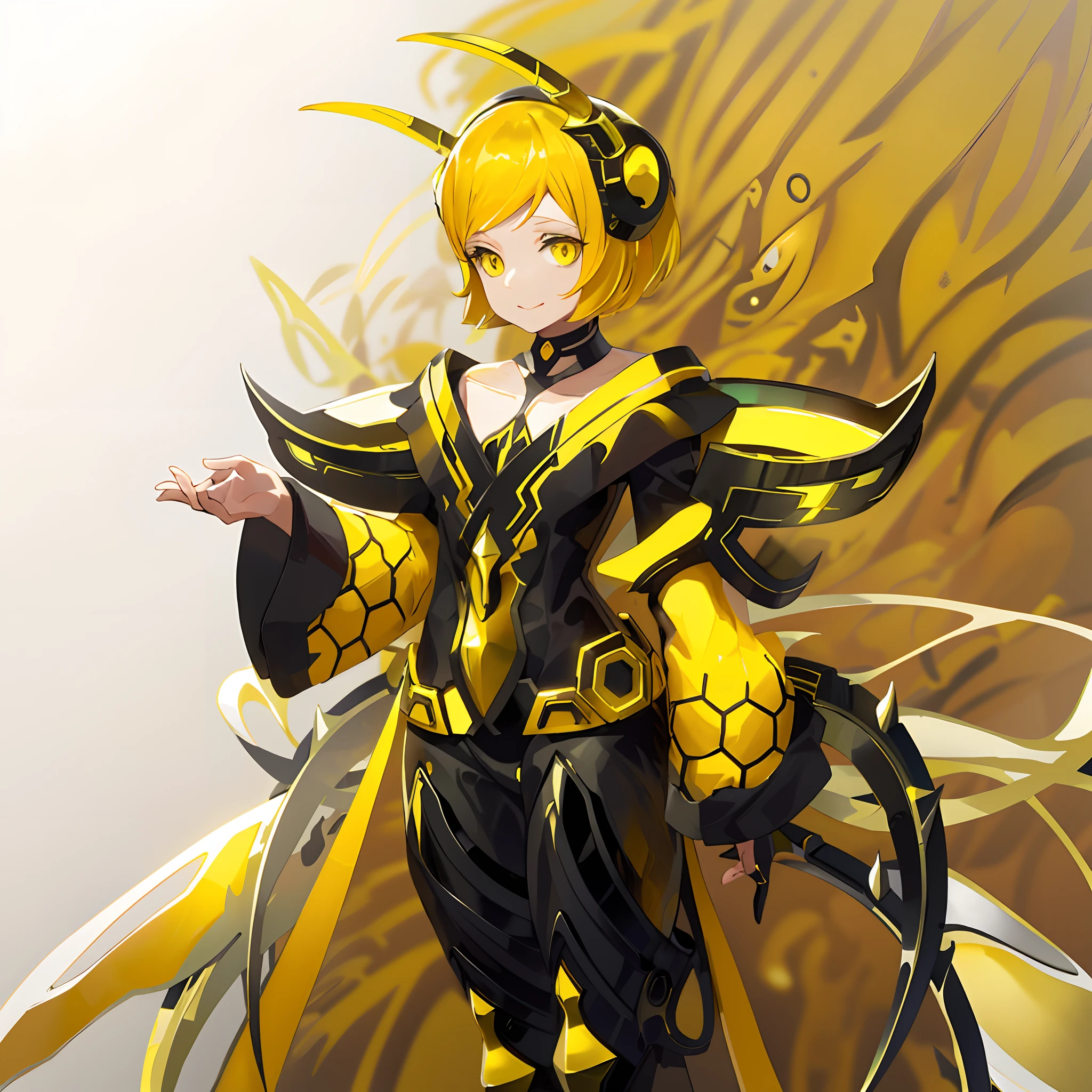 (solo), (anime character with yellow hair and a yellow and black outfit,) ((black sclera)), ((light yellow skin)), insect trainer girl, stylized anime, zerochan art, wakfu colors + symmetry, android heroine, ((bee girl)), mechanized witch girl, no type