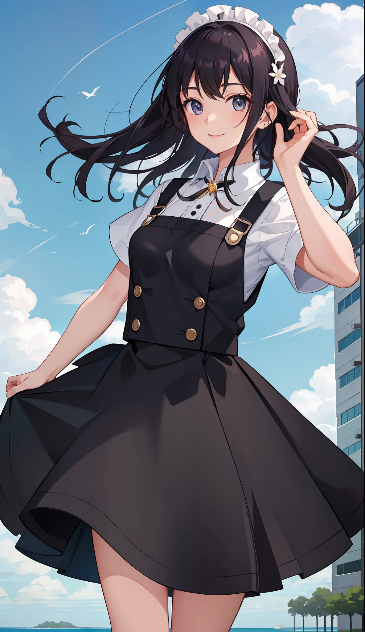 1girl in、A smile、A delightful! The shirt、skirt by the、(small tits)pinafore、doress、hair adornments、(Maids)、run!Spring breeze、