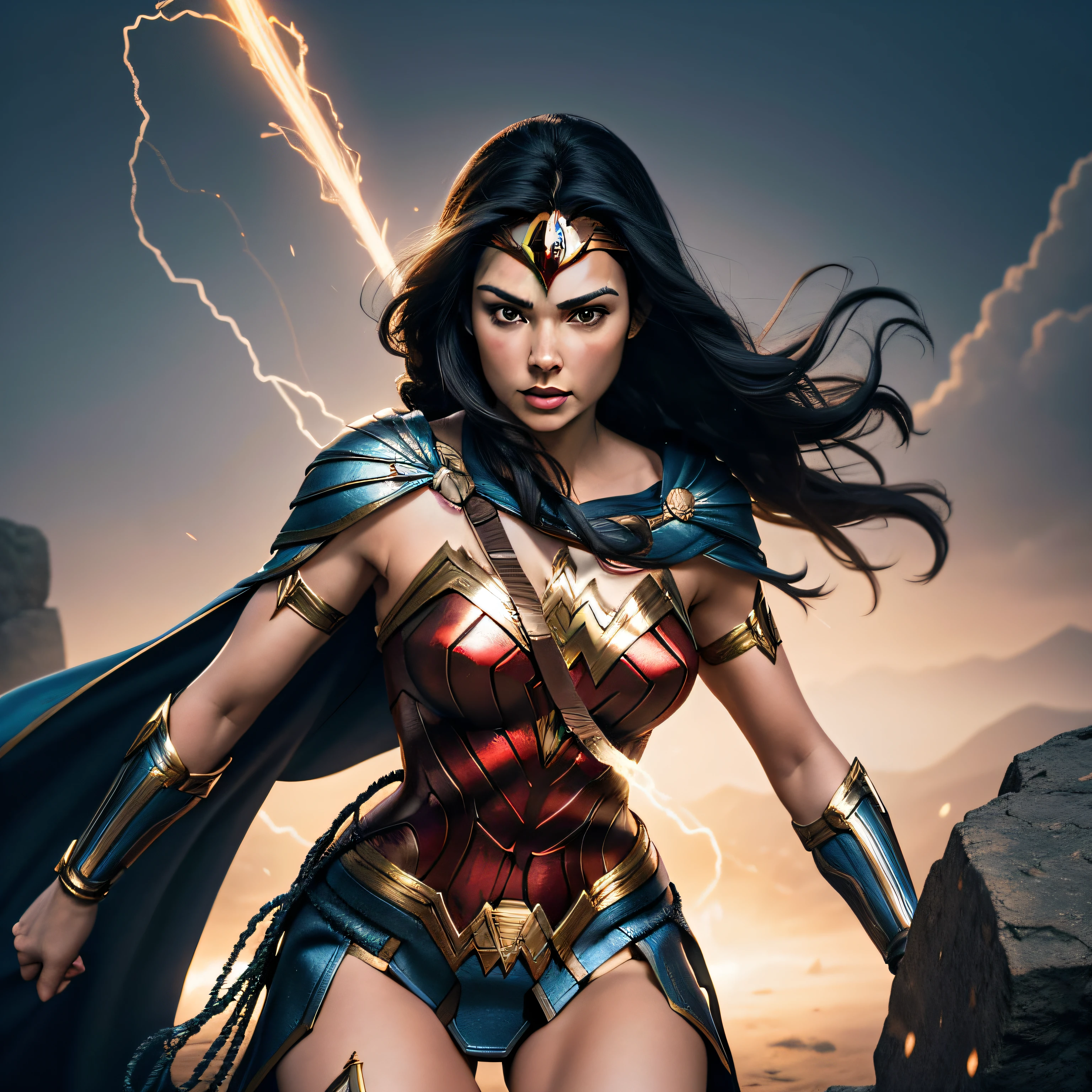 Generate a scene inspired by the epic battle sequence from Avengers: Endgame. The setting is a war-torn landscape with rubble and debris scattered around.
In the foreground, pornstar wonder woman is wearing a thong micro-bikini summons lightning, casting a powerful spell. The sky is dark and ominous, with flashes of lightning illuminating the scene. The scene is dynamic and intense, capturing the chaos and heroism of the battle.
wonder woman is half naked wearing skimpy micro-bikini-thong costumes