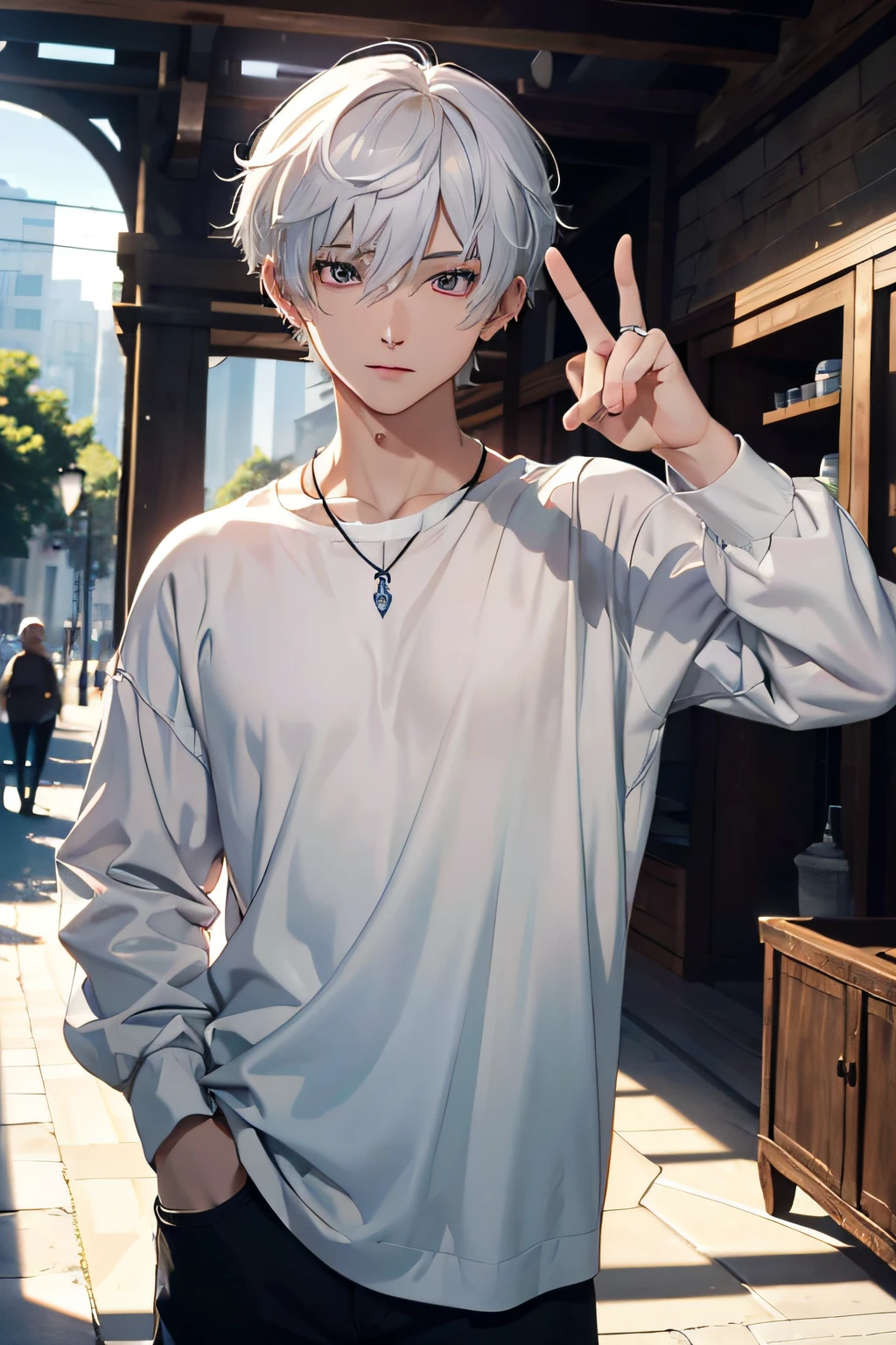 (absurdres, highres, ultra detailed, HDR), masterpiece, best quality, a boy, solo, handsome, short hair, white hair, finely eye and detailed face, casual clothes, real shadow, lift hand in peace sign, joyful, ear piecing,