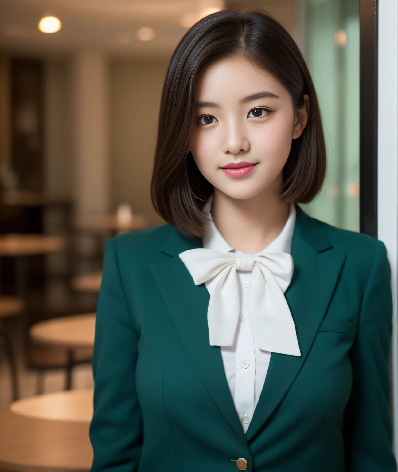 ((Best Quality, 8K, Masterpiece: 1.3)), a beauti, In addition, melon face, Friendly and cute, sweet smile, Pure desire, Slender body, (s whole body), (tilted head), ((looking at camera)), Medium Black Silky Straight Hair, Long flowing shoulders, round black big eyes, clear big eyes, moist red lips, Cafe shop background, ((full body shooting)), (LIght Sea Green Blazer, bows, Sock, High School Uniform: 1.2, ), (Middle breast)