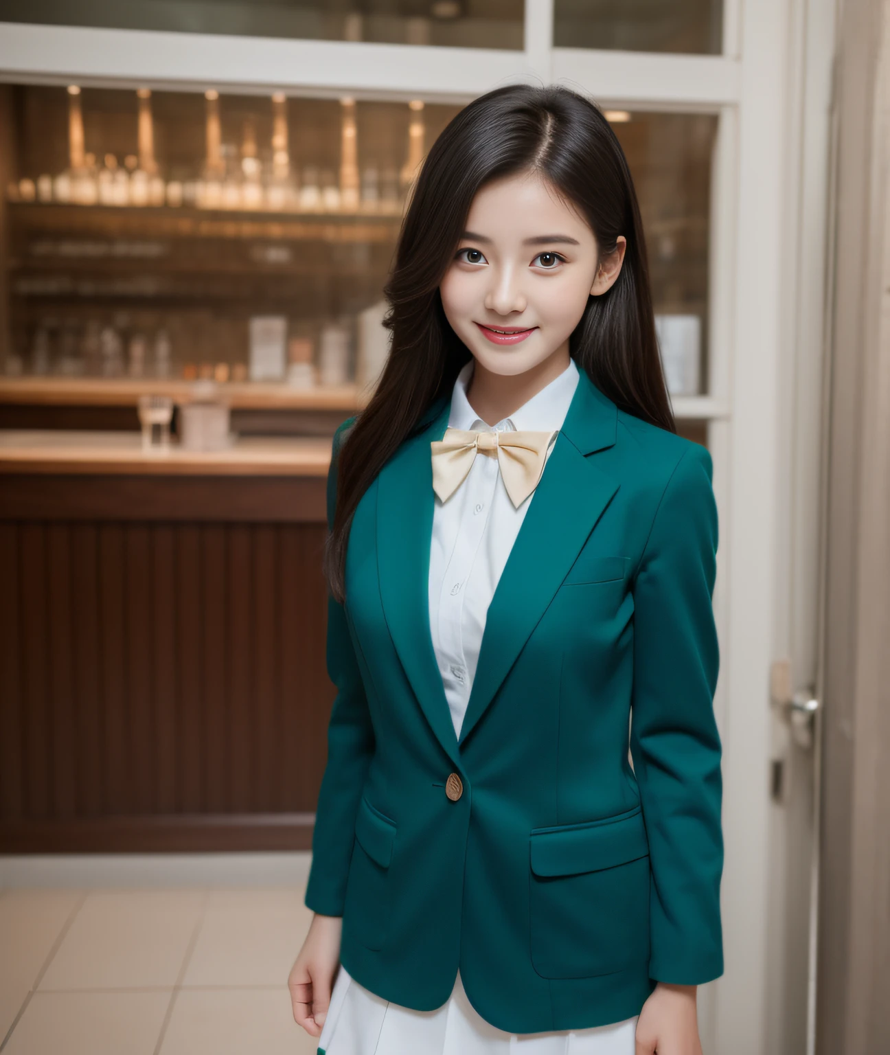 ((Best Quality, 8K, Masterpiece: 1.3)), a beauti, In addition, melon face, Friendly and cute, sweet smile, Pure desire, Slender body, (s whole body), (tilted head), ((looking at camera)), Medium Black Silky Straight Hair, Long flowing shoulders, round black big eyes, clear big eyes, moist red lips, Cafe shop background, ((full body shooting)), (LIght Sea Green Blazer, bows, Sock, High School Uniform: 1.2, ), (Middle breast)