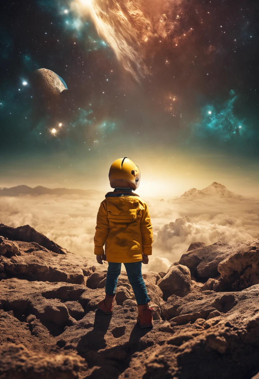 Little Johnnie, 6 years old, blond, being taken into space enveloped in golden energy