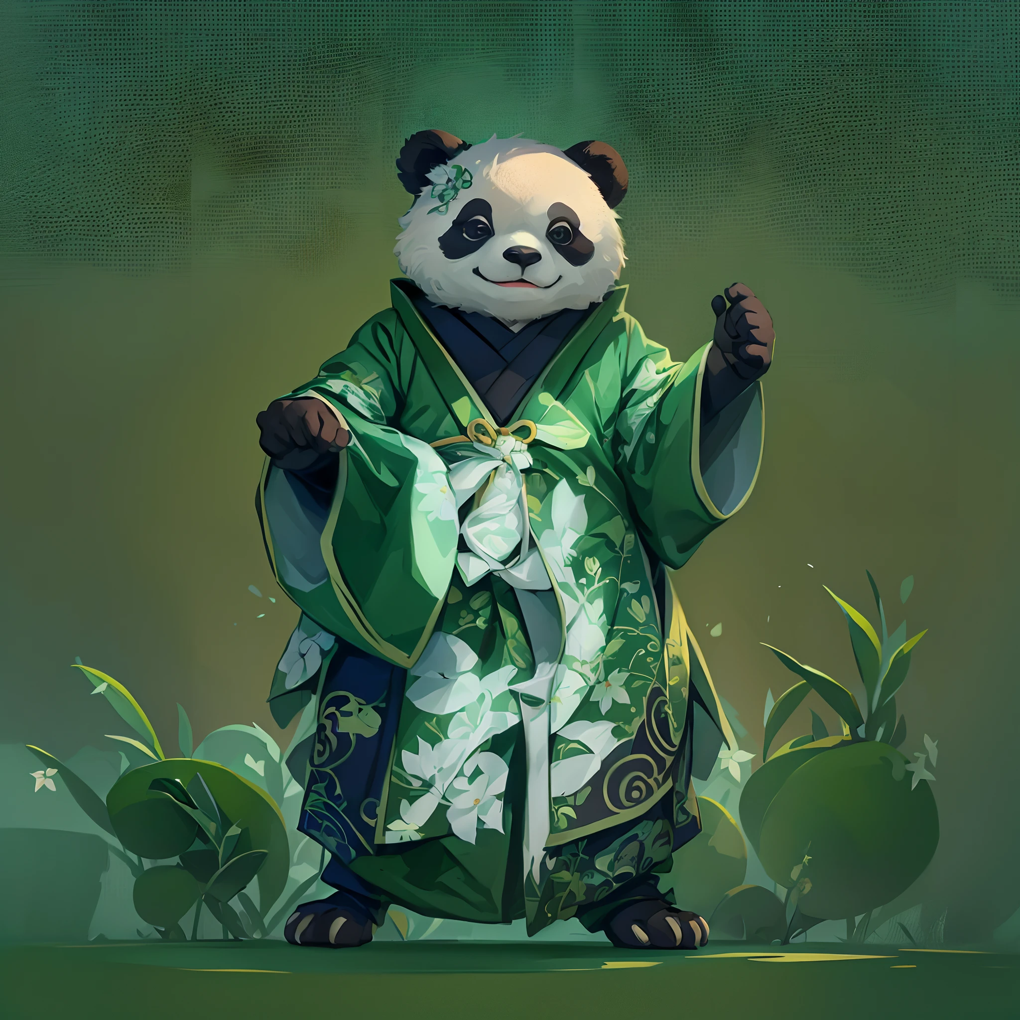 anthropomorphic turtle,Green background,simplebackground,solid color backdrop,Full body frontal photo,1 Cute Hanfu Panda Man,standing on your feet,full bodyesbian, Solo,frontage,facing to audience, ssmile,Background bokeh,lightand shade contrast,tmasterpiece,flatillustration,minimal style,4K