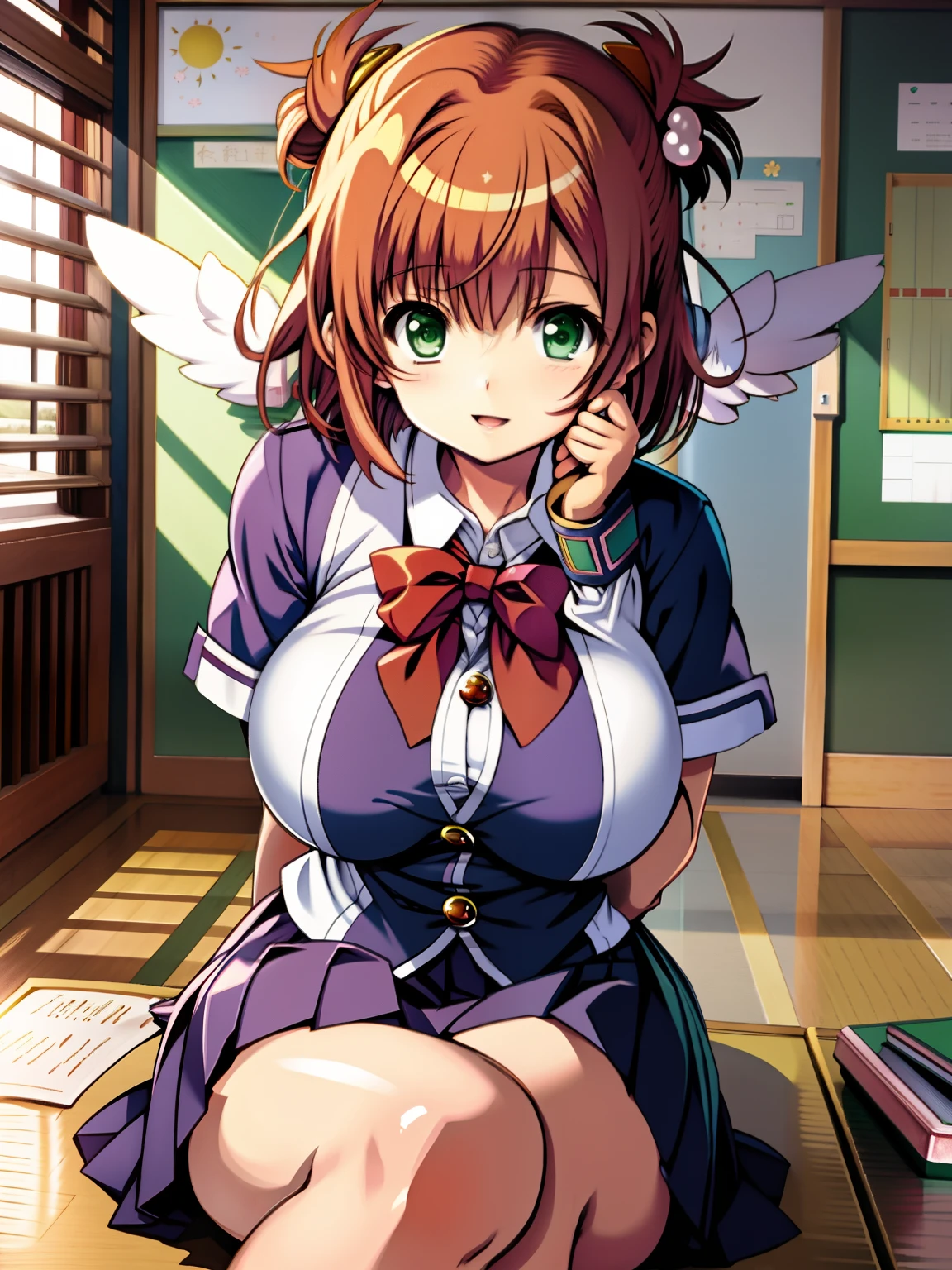 Sakura kinomoto. Big boobs. Leg spread. Brown short hair. Green eyes. White School uniform. Transparent shirt. Magical girl.