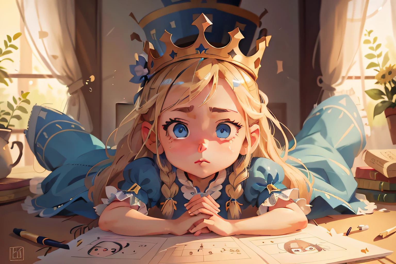 a beautiful princess daughter of a king in many positions drawing sheet blue eyes verid blonde and crown bright heels, features cheerful sad scared fearless motivated smart, in high resolution 8k focus detailed