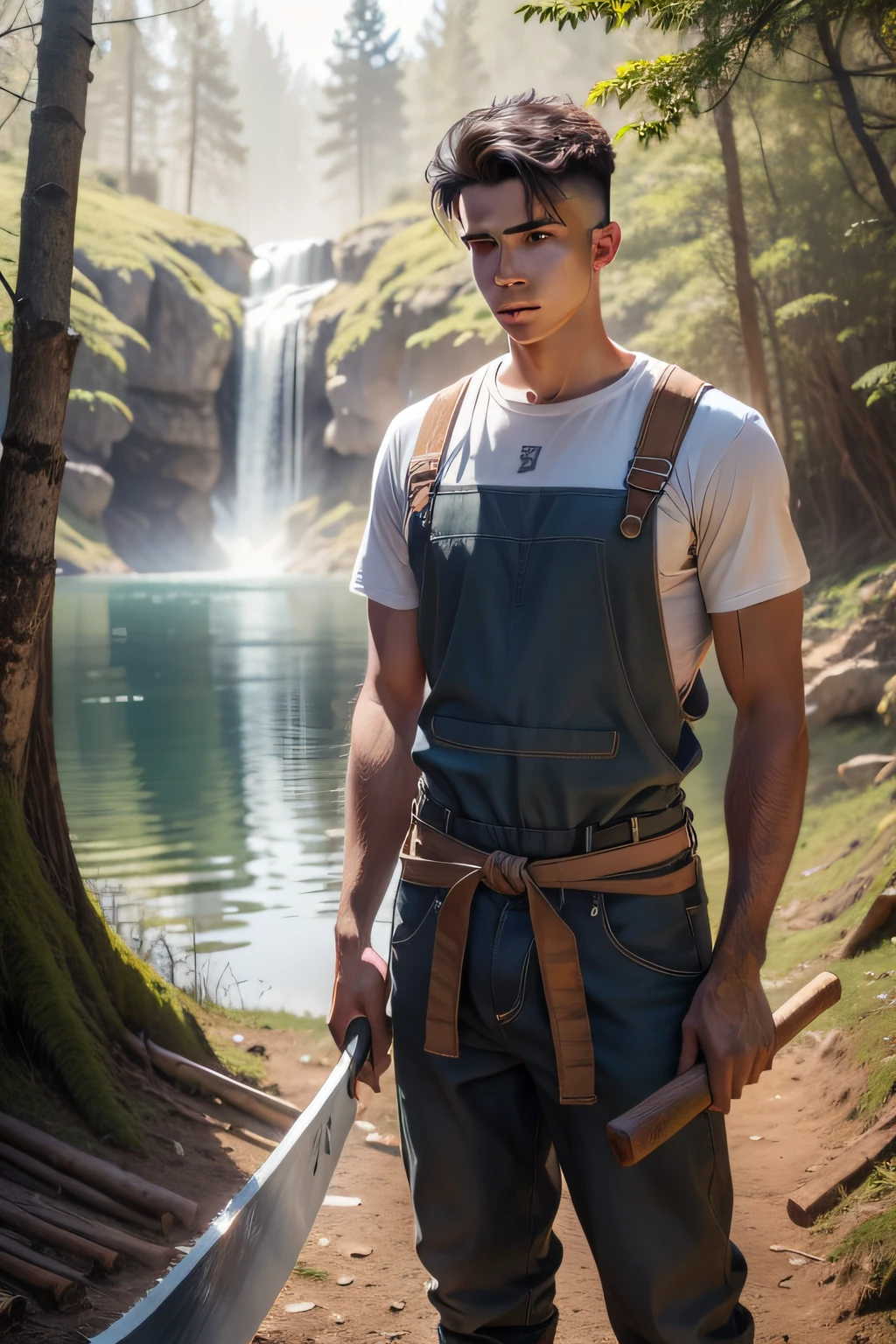 a young man cutting wood with a steel axe with a wooden handle ,roupas do tempo biblico de israel ,perto do lago na floresta, 4k ,