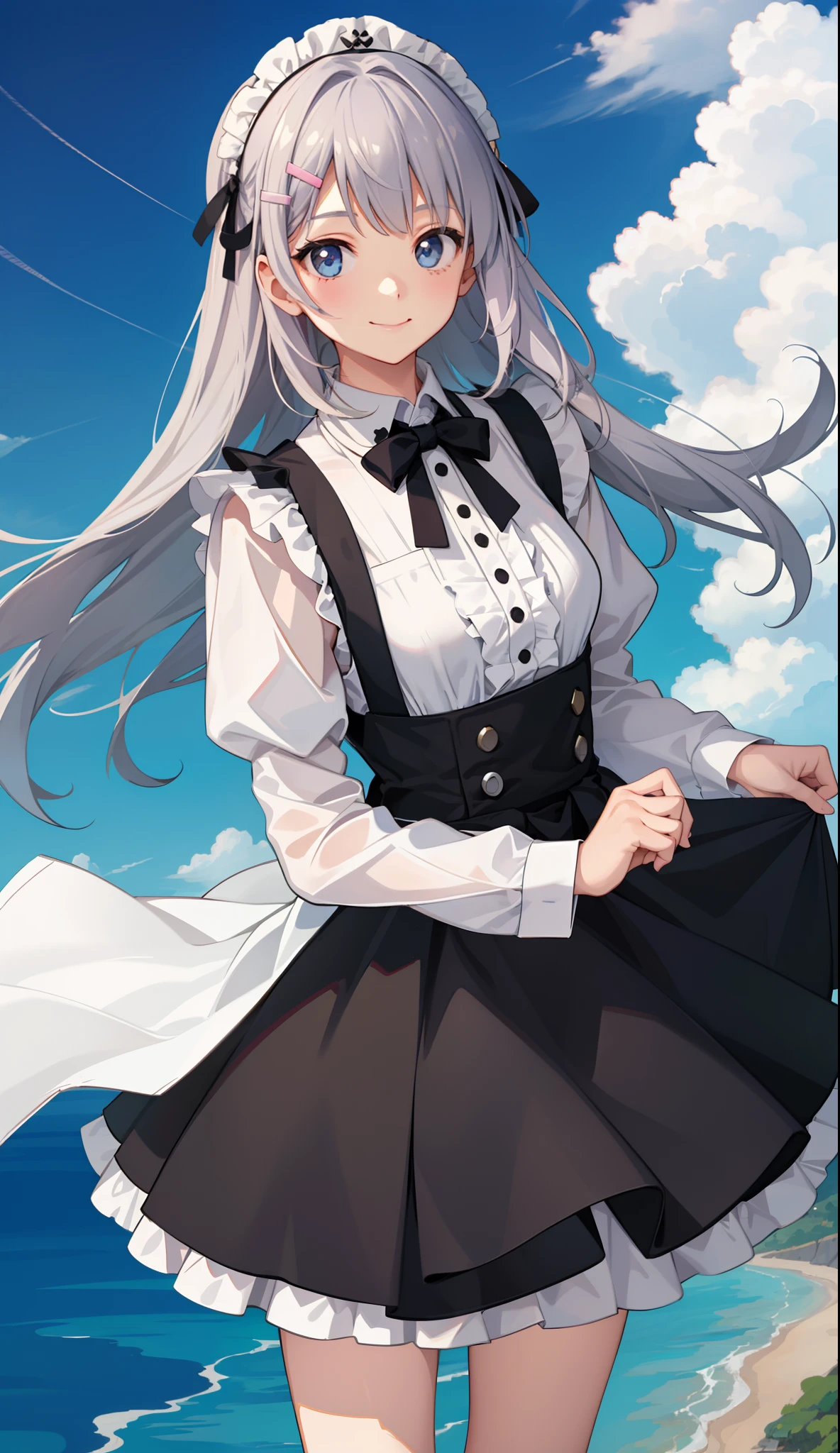 1girl in、A smile、A delightful! The shirt、skirt by the、(small tits)pinafore、doress、hair adornments、(Maids)、run!Spring breeze、