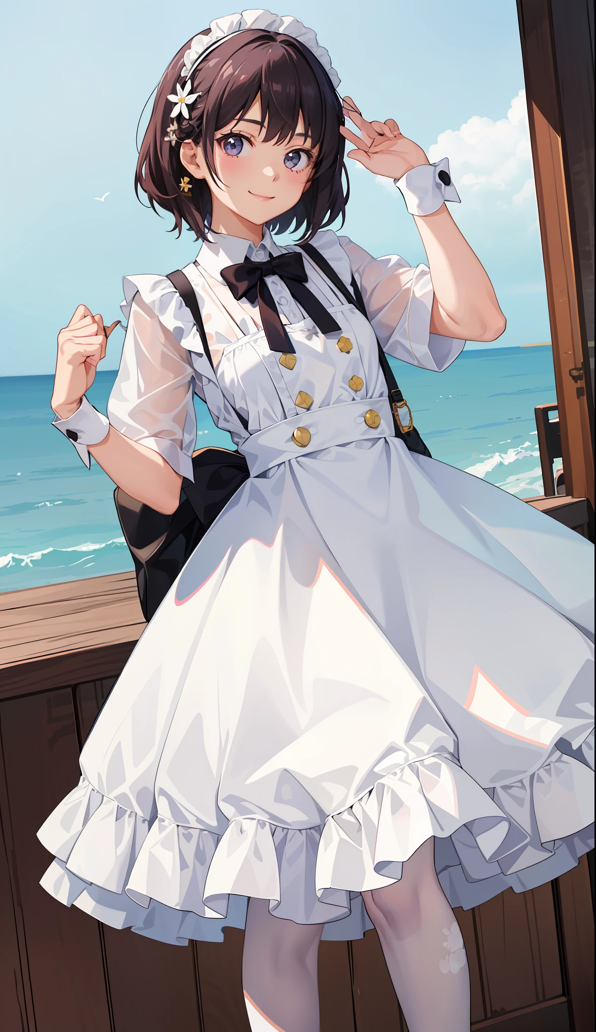 1girl in、A smile、A delightful!　The shirt、skirt by the、（small tits）pinafore、doress、hair adornments、（Maids）、run！Spring breeze、