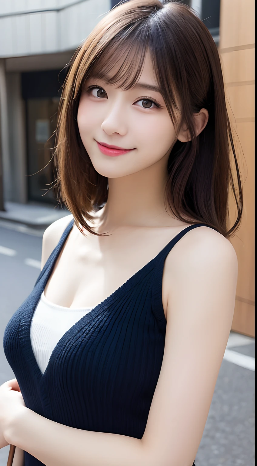 masutepiece, Best Quality, Illustration, Ultra-detailed, finely detail, hight resolution, 8K Wallpaper, Perfect dynamic composition, Beautiful detailed eyes, doress,Medium Hair, mid-chest, Natural Color Lip, Random and sexy poses,Smile,Aoyama Street Walk