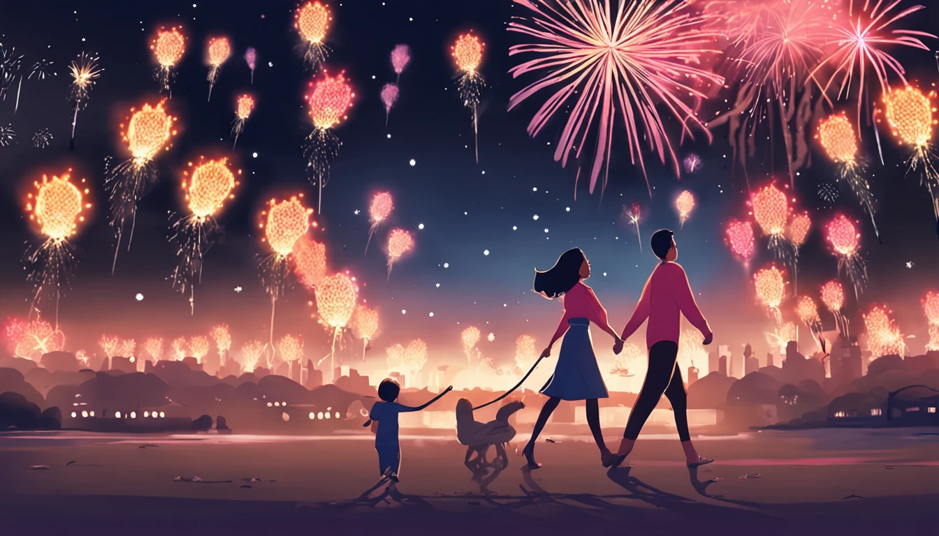 Walking hand in hand with mother at fireworks display venue５There is a girl of year old, traditional japanese concept art, [ Fireworks in the sky ]!!