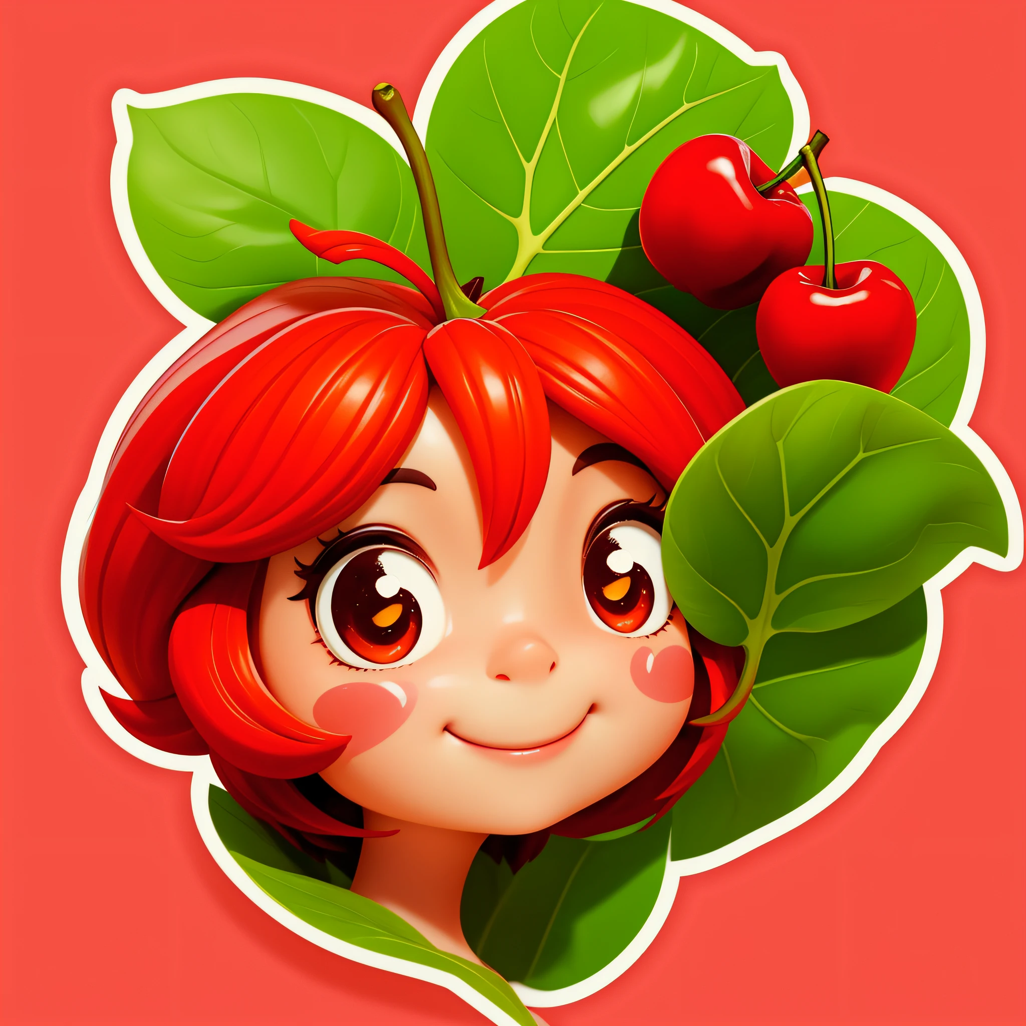 A smiling cherry with cute leaves and a friendly expression sticker :: Fruity and lovable :: Red and green colors with cute expressions :: 2D sticker