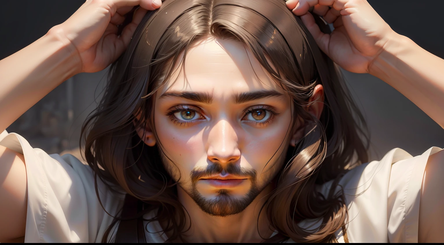 Por favor, create an image of Jesus Christ in high definition. Portray it with realistic strokes and careful detail, mostrando Sua face compassiva e serena. Be sure to capture His spiritual essence and the sense of peace He conveys. Use Soft Colors and Proper Lighting to Highlight His Divinity. The final image should be of high resolution and quality, showing the beauty and transcendence of Jesus Christ."