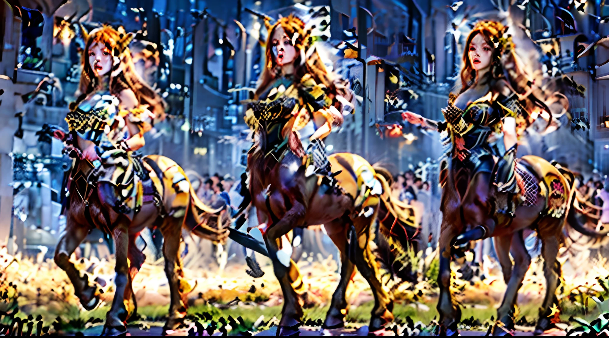 In the beautiful illustration of this super-grand scene,The ultra-long-range lens is shown(Eight unique centaur characters:9.9),They all have their own characteristics,Vivid and interesting。Radiant angelic centaurs from the heavenly realm,To the hellish centaurs surrounded by nightmarish flames,And then to the Wind Immortal Centaur dancing in the air,There are also one-horned centaurs surrounded by thunder and lightning,and mechanical centaurs that shine with metallic light,And then to the powerful dragon centaur with colored dragon scales covering the whole body,The elegant and agile elf centaur always wears a flower crown with its slender and graceful lines,Enchanting and charming Tiflin centaurs。Each character has their own unique charms and abilities。The illustration uses advanced artistic techniques and tools,(Divide the scene into sections by geometric arrangement:9.9),Each section corresponds to a centaur character,This makes more efficient use of space。Through Midjourney's advanced brush tools、Color palette、Material packs and model packs,Exquisite costumes and equipment are designed for each centaur,Enhances the character's personality and visual appeal。The scenery in the illustrations is stunning,There are changing skies、rainbowing、extreme light、Stars and Moon。Incorporating iconic landmarks such as Mount Everest,and fireworks、tranquil lake、Natural and urban elements of waves and neon lights,Creates a magical atmosphere。The centaurs showed off their skills and equipment in a variety of environments,This is true even in extreme alien landscapes。(Use Midjourney's tools、Material packs、Texture tools、The color palette makes depicting details vivid and realistic:9.9),From intricate hairstyles and clothing to authentic textures,Enhances the realism of the characters and surroundings。The fusion of multiple art styles adds movement to the centaur's movement at all angles,The overall visual experience is further enriched。The final illustration was described as a "mast