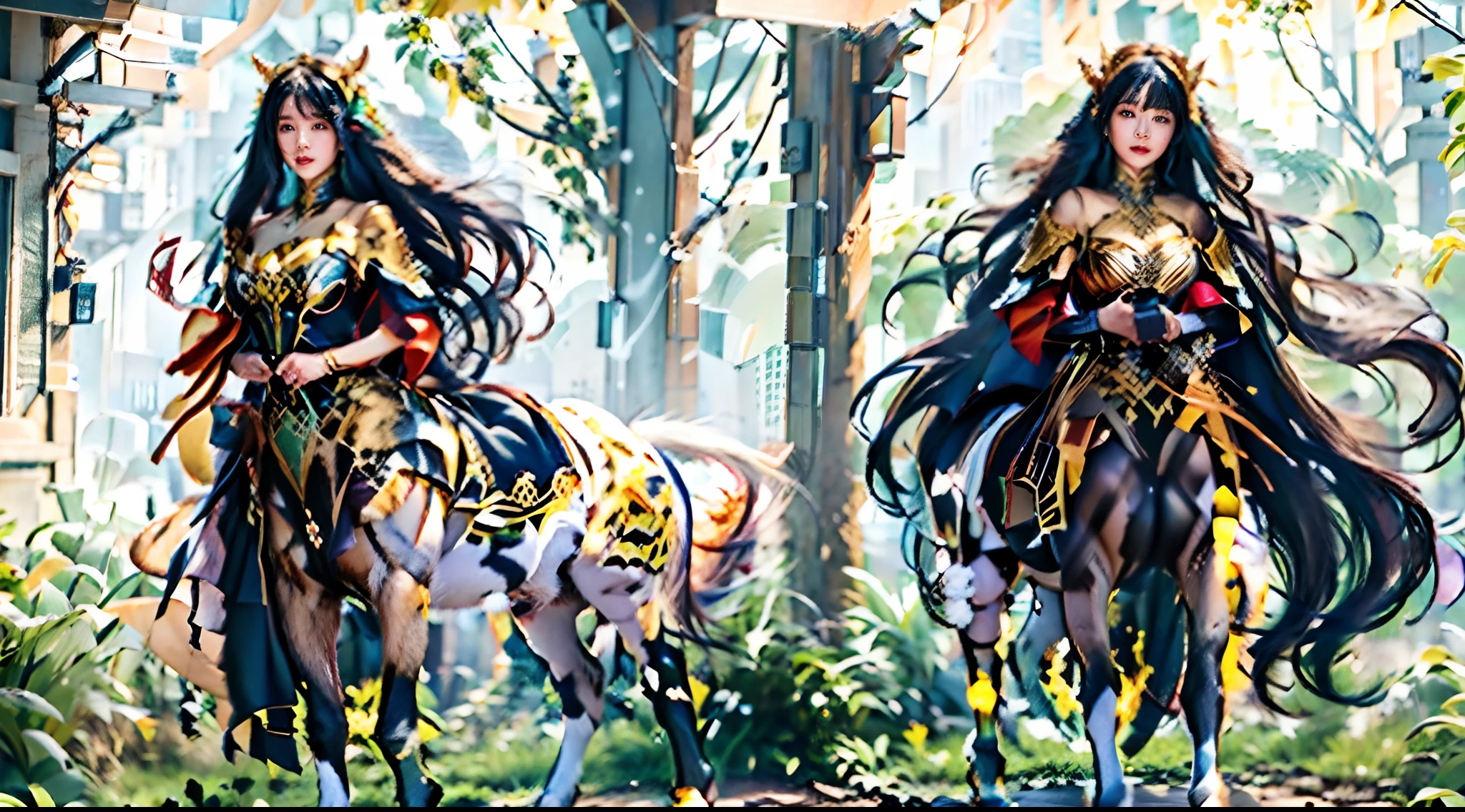 In a mysterious natural world,Towering snow-capped peaks blend with lush forests。Sunlight shines through the thick clouds,Shining on this magical land。Against this beautiful backdrop,The eight centaurs show their own unique beauty。
1. **Neon Moon Shadow:** She is an elegant centaur,Long hair like stars in the night sky,The bright moonlight seemed to surround her。The elegant blue dress shows her noble temperament,A gentle smile on his face。
2. **Flame Storm:** Powerful flame elements surrounded her,The burning mane seems to set a forest on fire。Her gaze is determined and energetic,Wearing a red armor that looks like flames。
3. **The blue sea is clear:** Long watery blue-green hair flutters gently,Her eyes were as deep as the ocean。A flowing blue dress seemed to blend in with the surrounding water,It shows her spirit and purity。
4. **Shadow of the Green Forest:** Wearing a forest-green cloak,She seems to be at one with nature。Her eyes were filled with calm and wisdom,In his hand is a staff that contains the power of nature。
5. **Thunder rushed:** Electric light jumped around her,Her mane rolled like a thundercloud。There was determination in her eyes,Dressed in black armor,Demonstrate unparalleled strength。
6. **Golden Wasteland:** Long hair like a golden wheat field,Rippling in the breeze。Her smile was as warm as the summer sun,She wore a golden dress,Exudes the smell of harvest。
7. **Phantom Starry Sky:** Wearing a purple cloak,Her gaze is as deep as the universe。Dotted decorations dotted the ends of her hair,As if carrying the mysterious power of the starry sky。
8. **Frost and snow ice heart:** Her skin was as white as snow,There was a cold breath in his eyes。She was dressed in a silver-white robe,Stepping on ice and snow underfoot,It was like an ice goddess descending to earth。
Each character has their own unique charms and abilities。The illustration uses advanced artistic techniques and tools,Divide the scene into sections by geometric arrangement,Each section cor