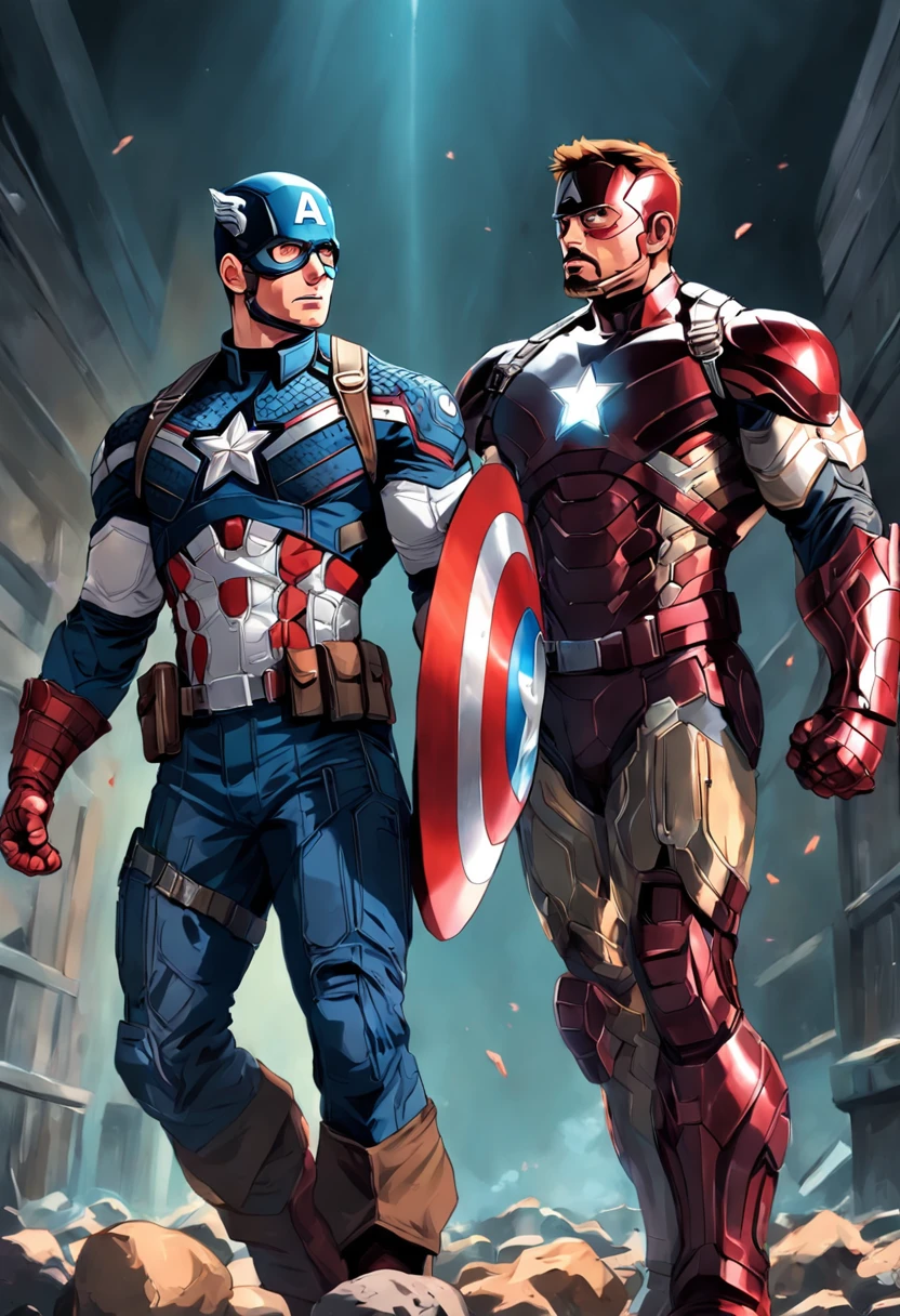 "A detailed illustration of Chris Evans as Captain America, encarando Robert Downey Jr (vestindo armadura do homem de ferro)."