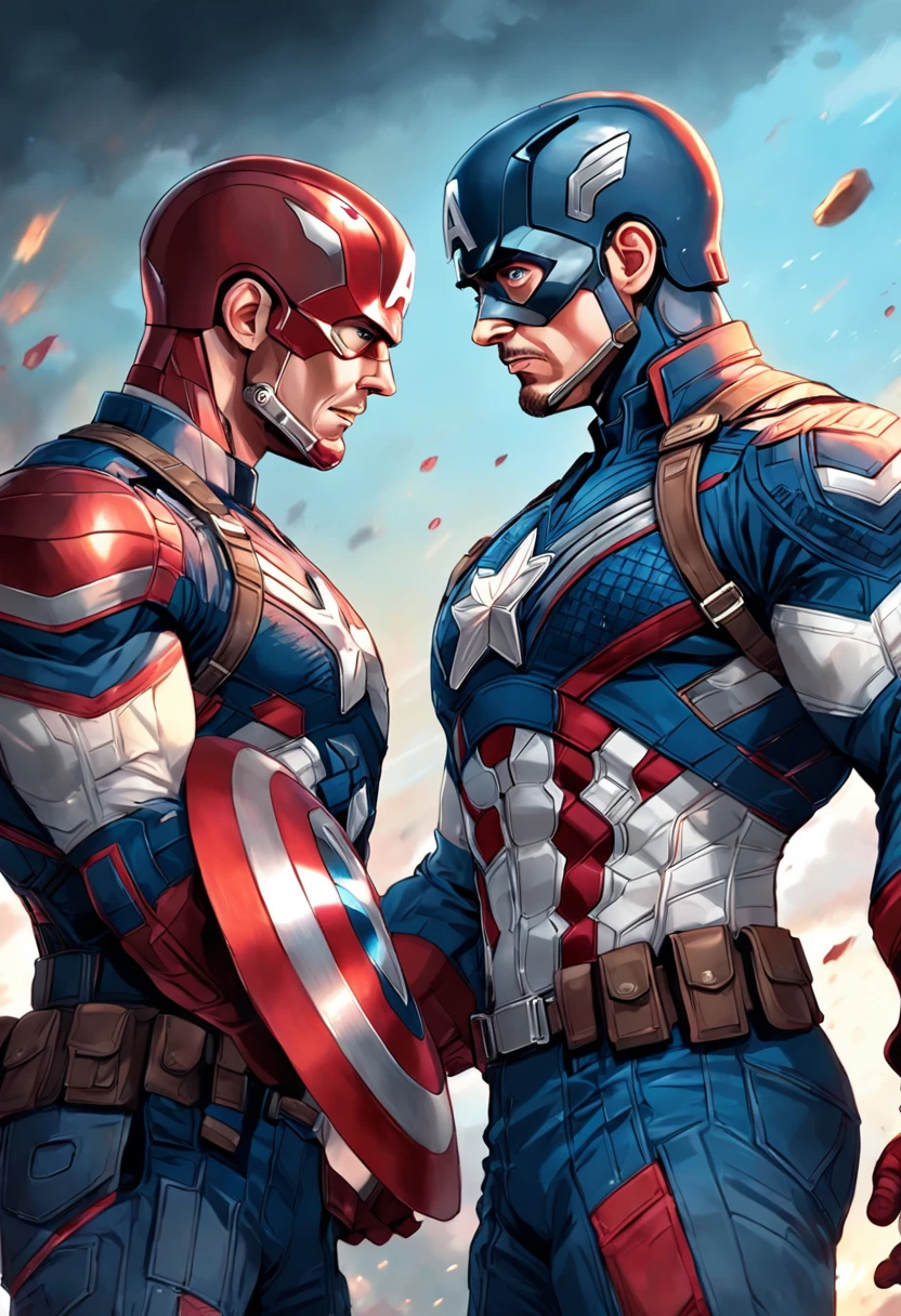 "A detailed illustration of Chris Evans as Captain America, encarando Robert Downey Jr (vestindo armadura do homem de ferro)."