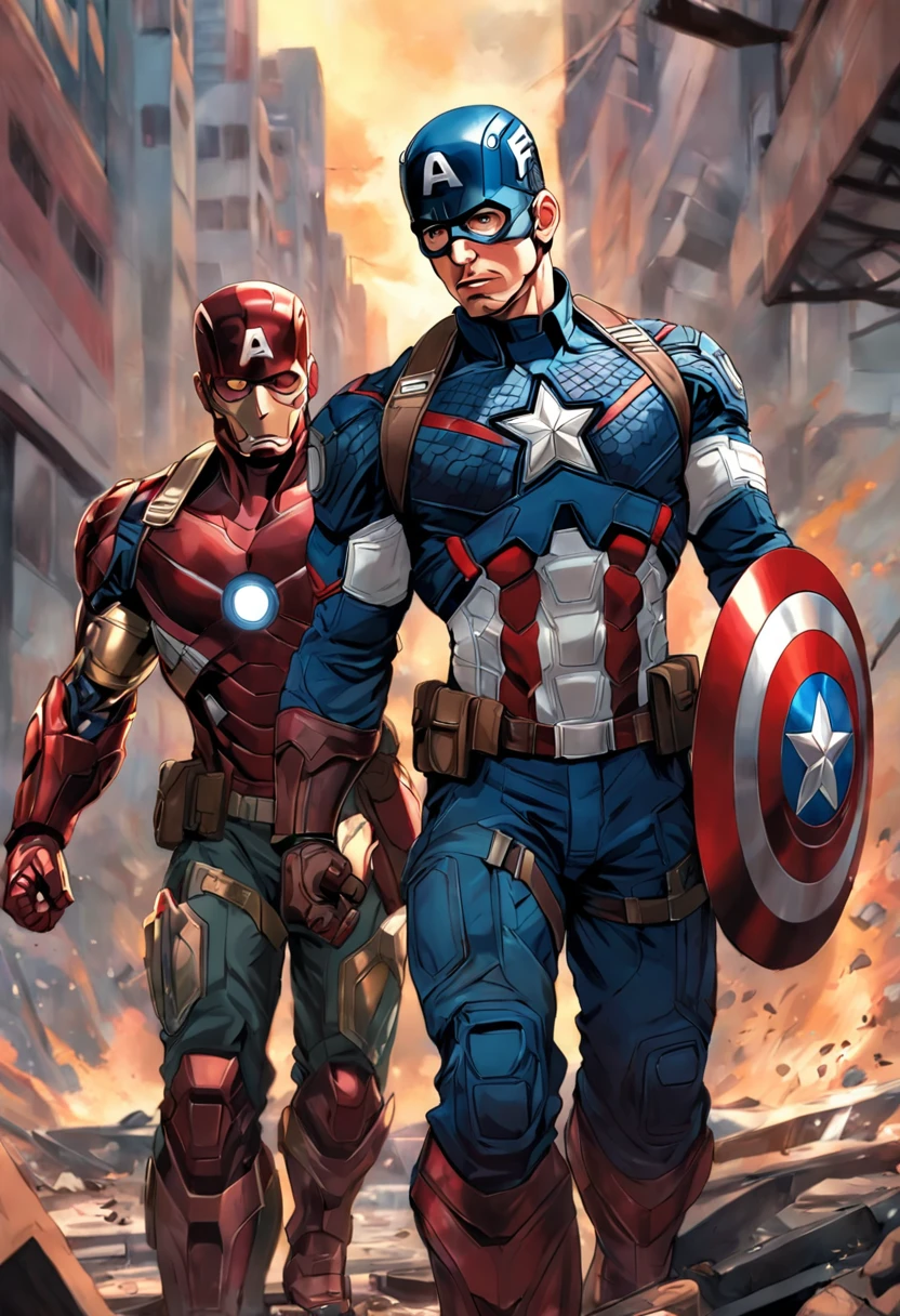 "A detailed illustration of Chris Evans as Captain America, encarando Robert Downey Jr (vestindo armadura do homem de ferro)."