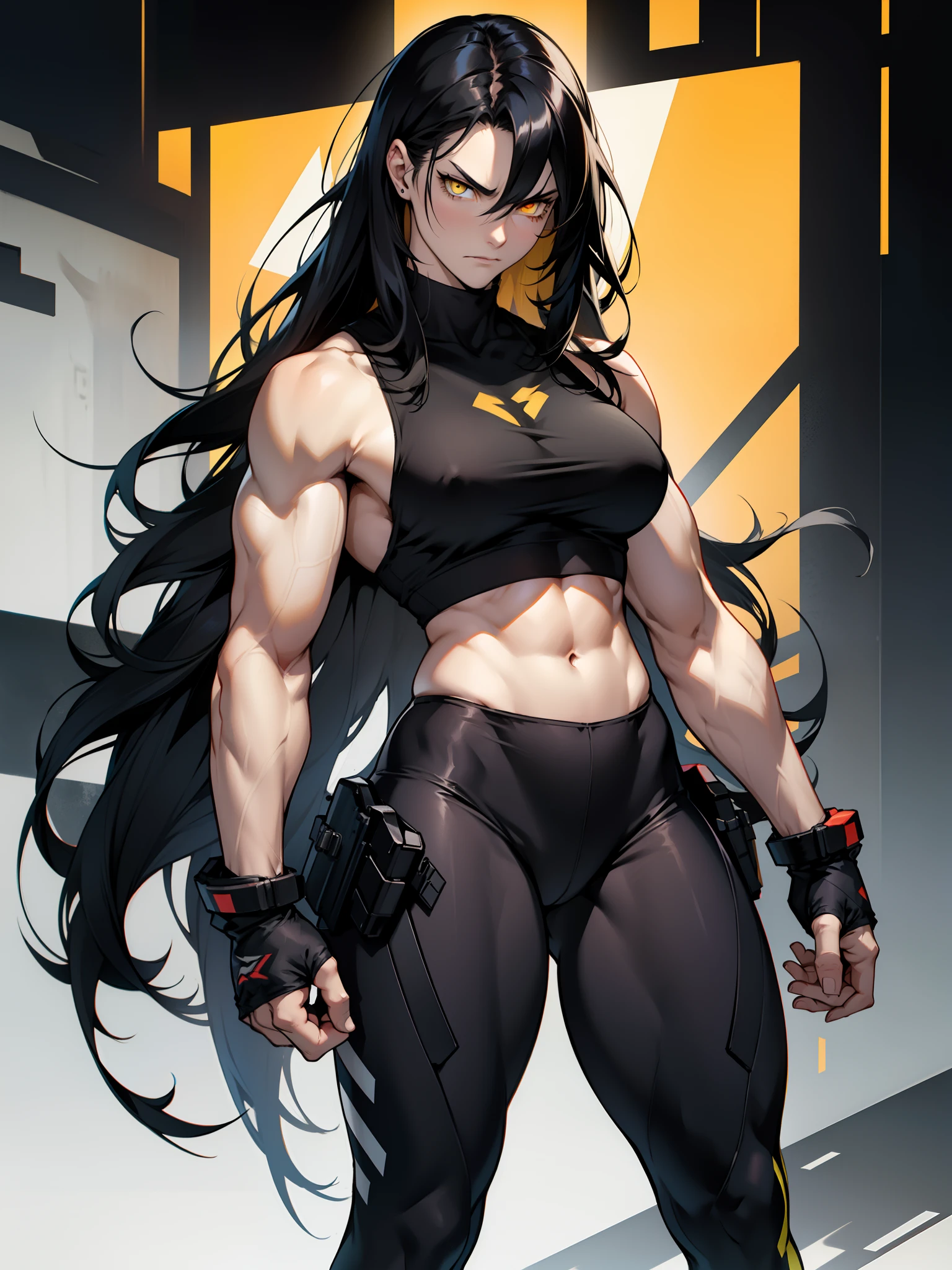 black hair, extremely long hair, yellow eyes, pale skin, muscular, large breasts, thick thighs, angry, leggings, tank top, abstract background