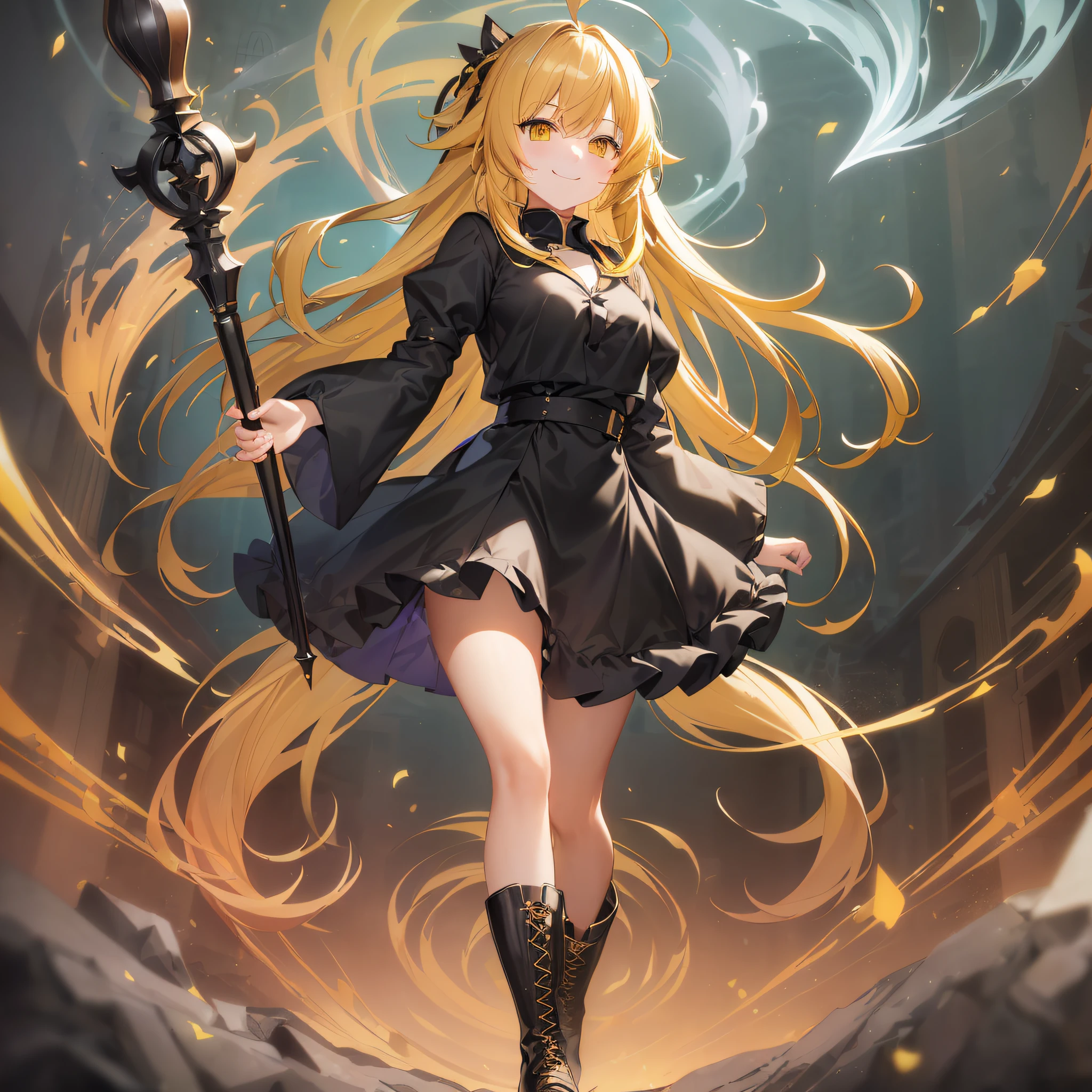 Ahoge、yellow hair、yellow eyes、a serene smile