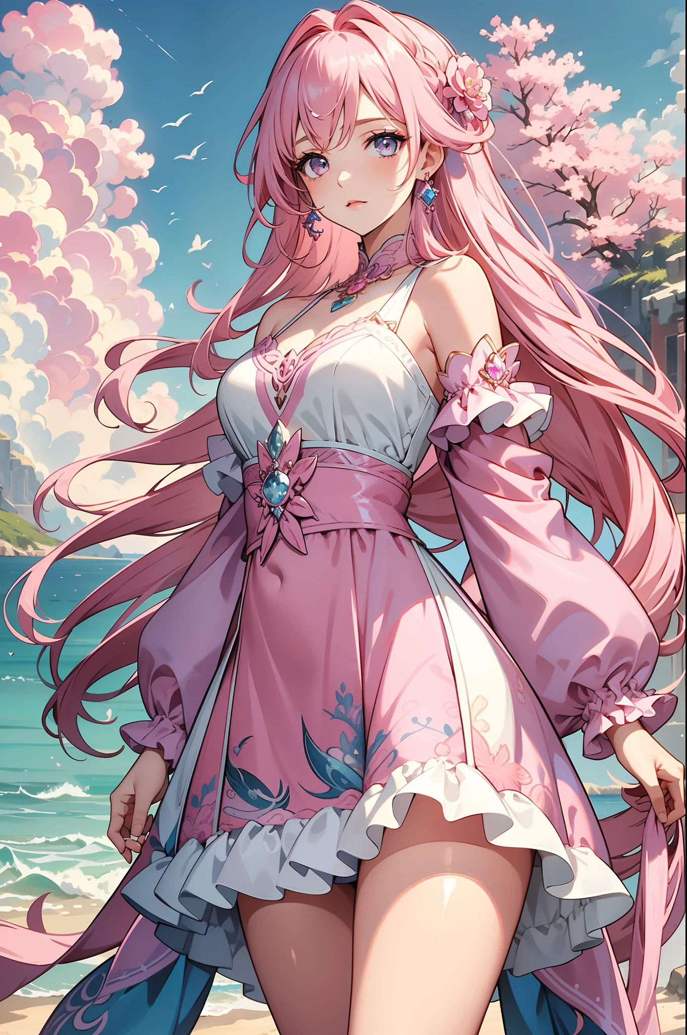HD clarity, Superb masterpiece CG of female characters, Enchanting pink hair, Jewel-like sparkling eyes, Look straight into the camera, Clothing with a sense of design, (( Sea of pink and blue clouds: 2.0 ))。