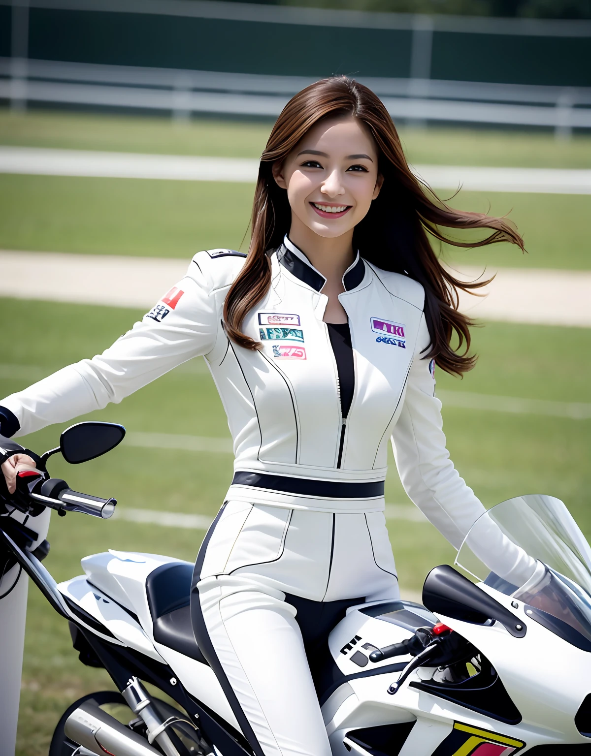 The highest image quality、Exceptional detail、超A high resolution、(realisitic:1.4)、high-detail、Favor the details、Highly condensed 1girl、Longhaire、delicate and beautiful face、Dressed in a white leather racing suit、Racing on a black motorcycle、The background is a race track、circuit、racer、Cool smile、huge tit