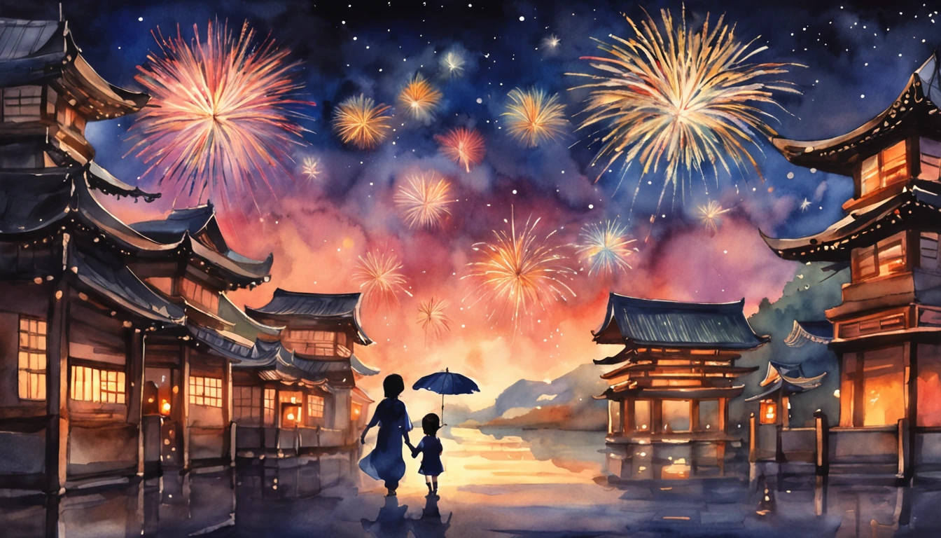 Walking hand in hand with mother at fireworks display venue５There is a girl of year old, traditional japanese concept art, [ Fireworks in the sky ]!!