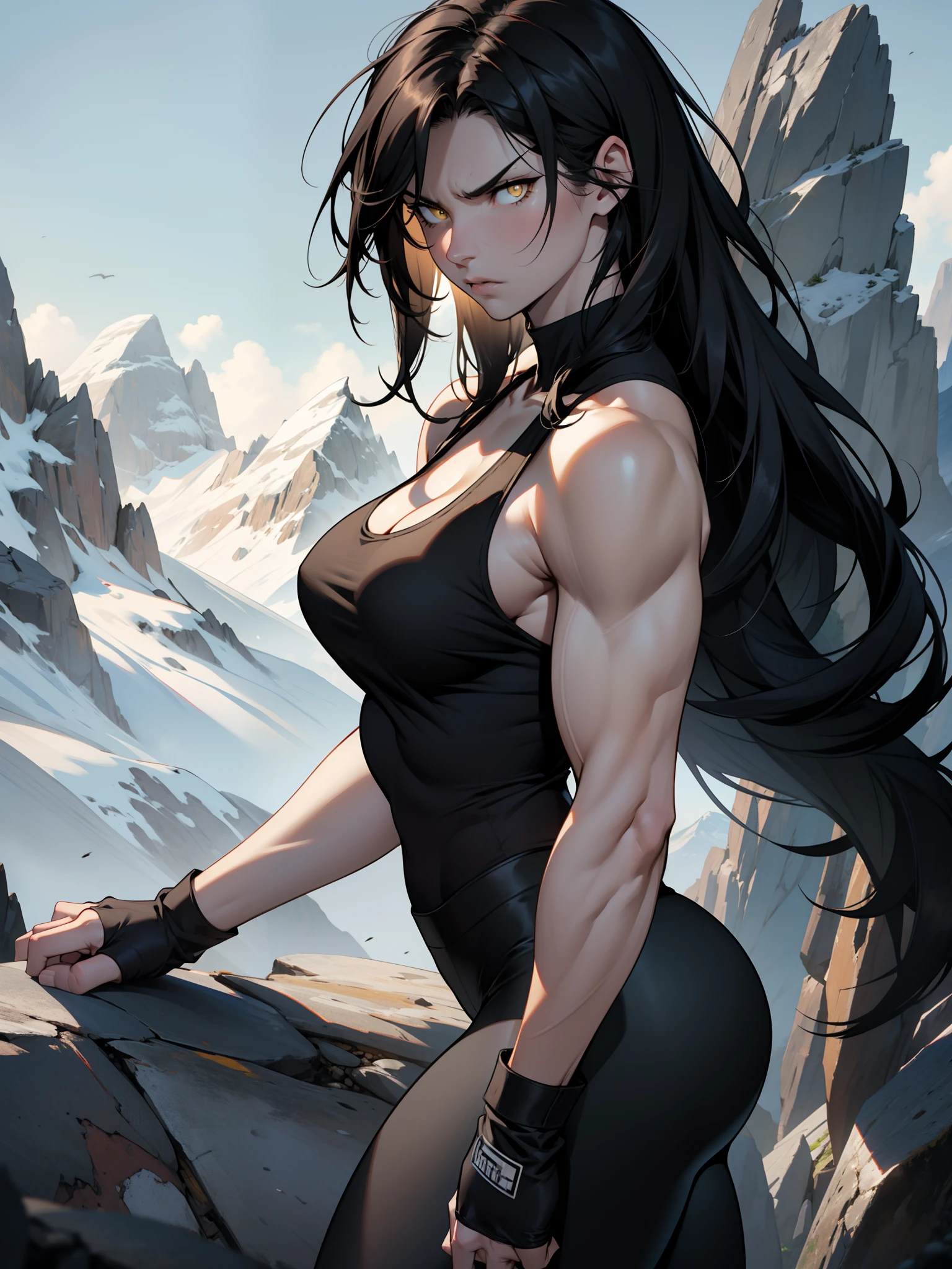 black hair, extremely long hair, yellow eyes, pale skin, muscular, large breasts, thick thighs, angry, leggings, tank top, mountain range background