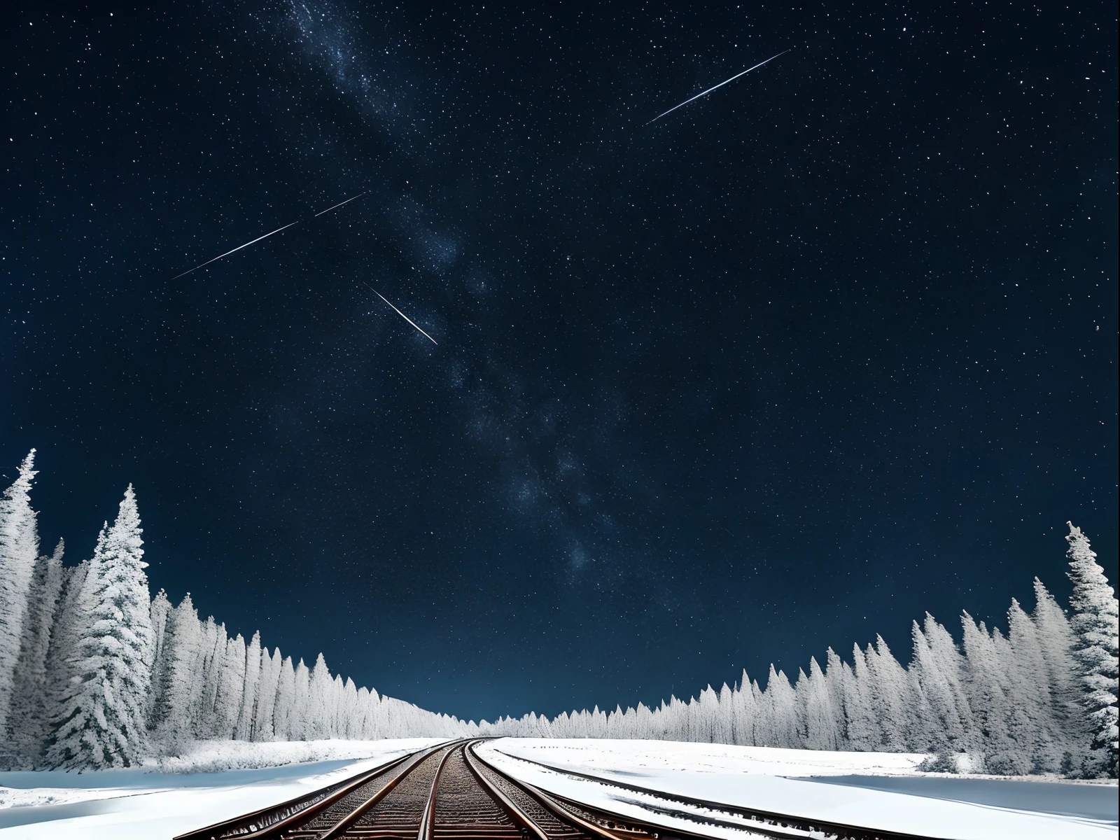 starrysky,railway,the trees,snowfield