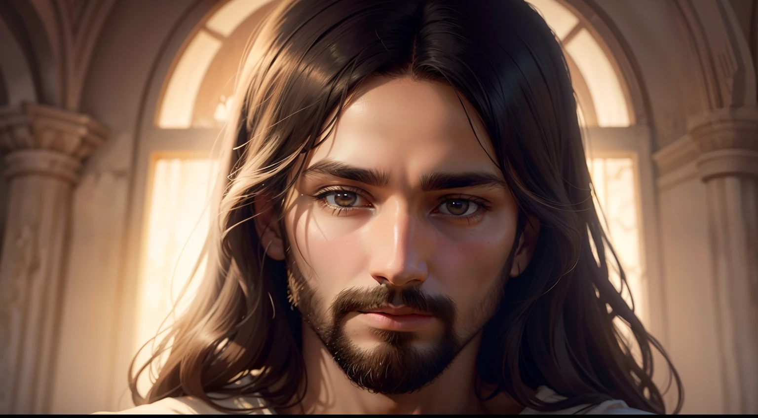 Por favor, create an image of Jesus Christ in high definition. Portray it with realistic strokes and careful detail, mostrando Sua face compassiva e serena. Be sure to capture His spiritual essence and the sense of peace He conveys. Use Soft Colors and Proper Lighting to Highlight His Divinity. The final image should be of high resolution and quality, showing the beauty and transcendence of Jesus Christ."
