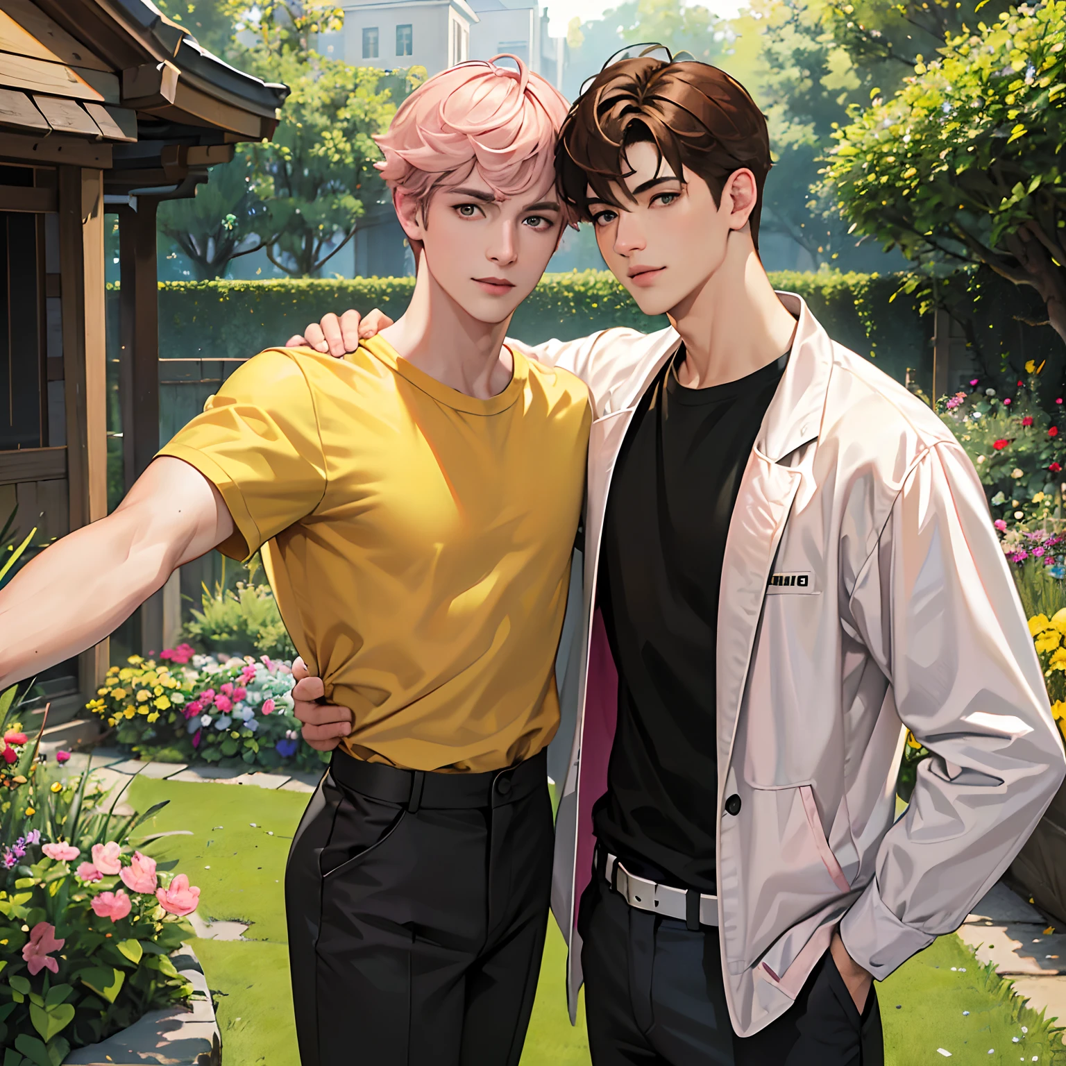 (absurdres, highres, ultra detailed, HDR), masterpiece, best quality, anime boy with brown hair ((Tall boy)), 1st boy brown hair, Anime boy with light pink hair, 2nd Boy pink hair, green eyes, 3rd boy blond hair, 3 boys, smile, sunshine,  garden, handsome, short hair, villa, looking at viewer, detailed face, ( black shirt ),(Yellow Shirt) cool boys, cold male, 8K, Best Quality, Masterpiece, Ultra High Resolution, (Realism: 1.4), Original Photo, (Realistic Skin Texture: 1.3), (Film Grain: 1.3), (Selfie Angle), best friend,Friendship, Trio friends, slim masculine.