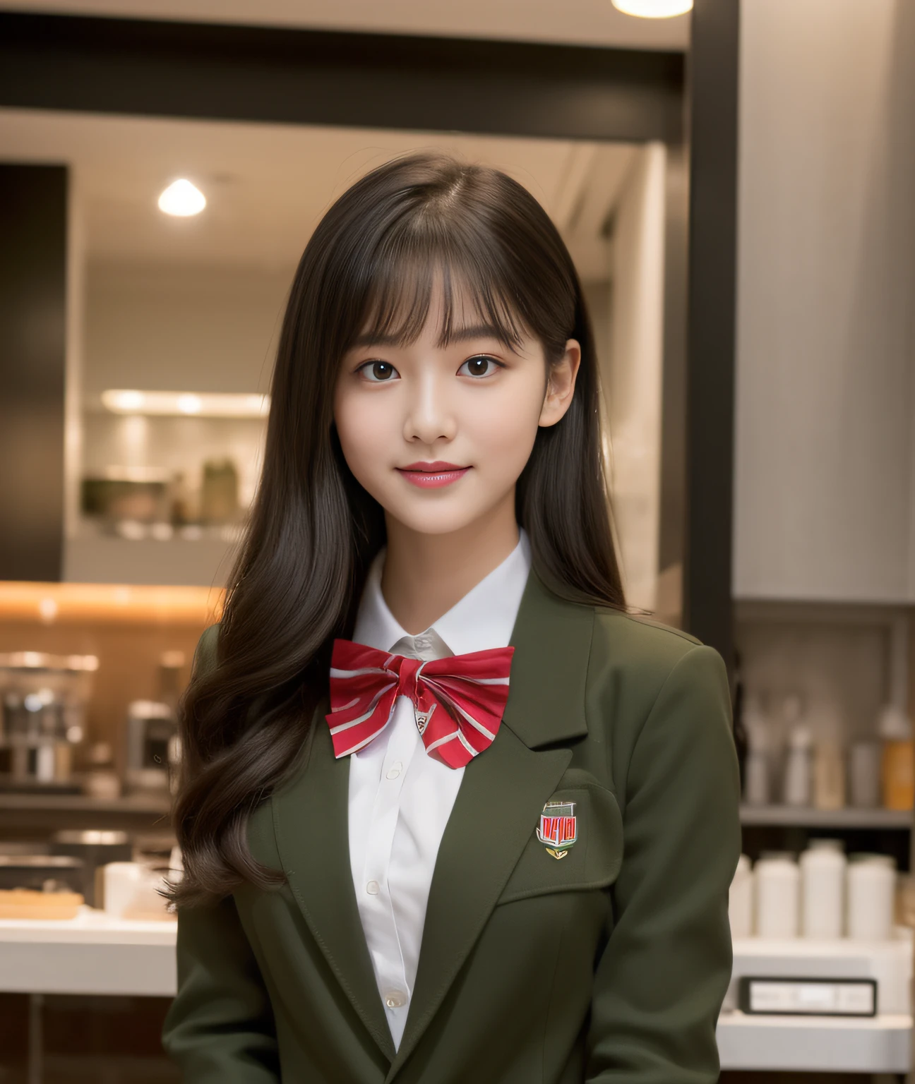 ((Best Quality, 8K, Masterpiece: 1.3)), a beauti, In addition, melon face, Friendly and cute, sweet smile, Pure desire, Slender body, (s whole body), (tilted head), ((looking at camera)), Medium Black Silky Straight Hair, Long flowing shoulders, round black big eyes, clear big eyes, moist red lips, Cafe shop background, ((full body shooting)), (Olive Blazer, bows, Sock, High School Uniform: 1.2, ), (Middle breast)