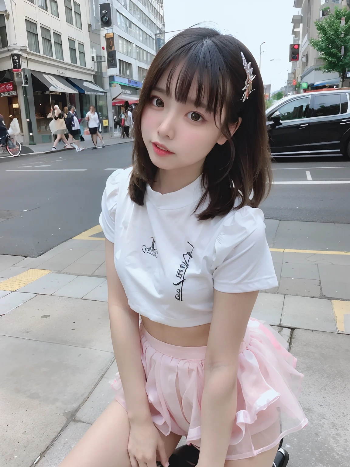 "Gorgeous girl in a croptop at a crowded street." masterpiece, spread legs, angle from below, miniskirt, ((random background)), high heels