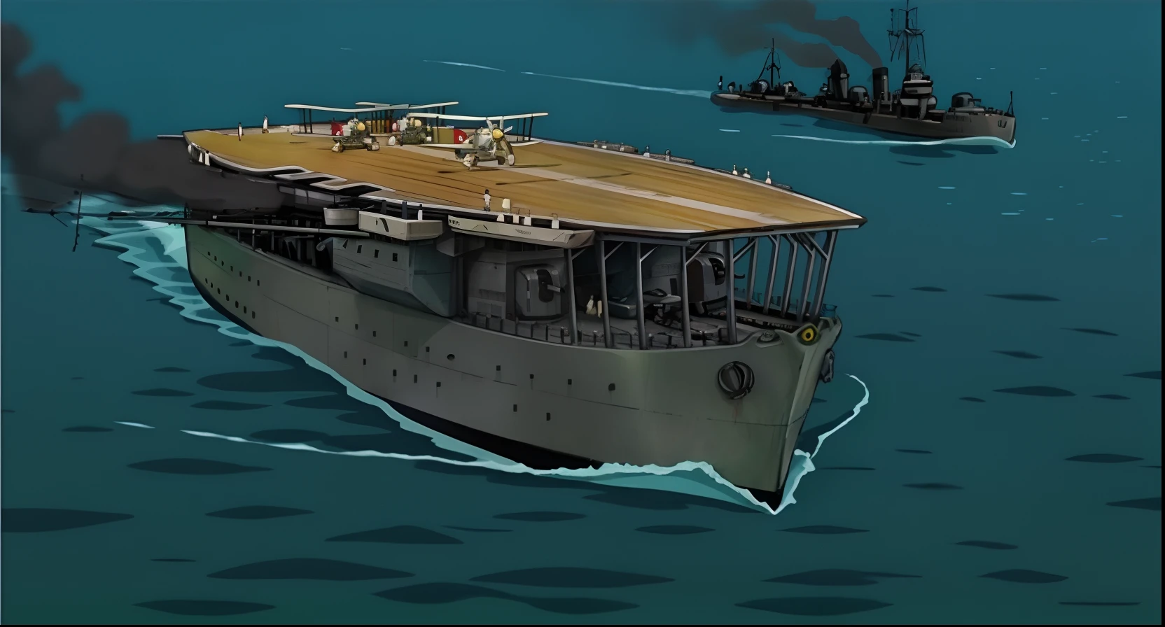 There is a large ship floating on the water, Yamato, realistic warship design, Military Career Rigs, Aircraft carrier scene, Realistic military career, anime movie screenshot, Euclidean class, aircraft carrier, konpeki no kantai, Kirokaze and Paul Robertson, floating vehicles, High Fleet, kancolle, Kantai Collection Style