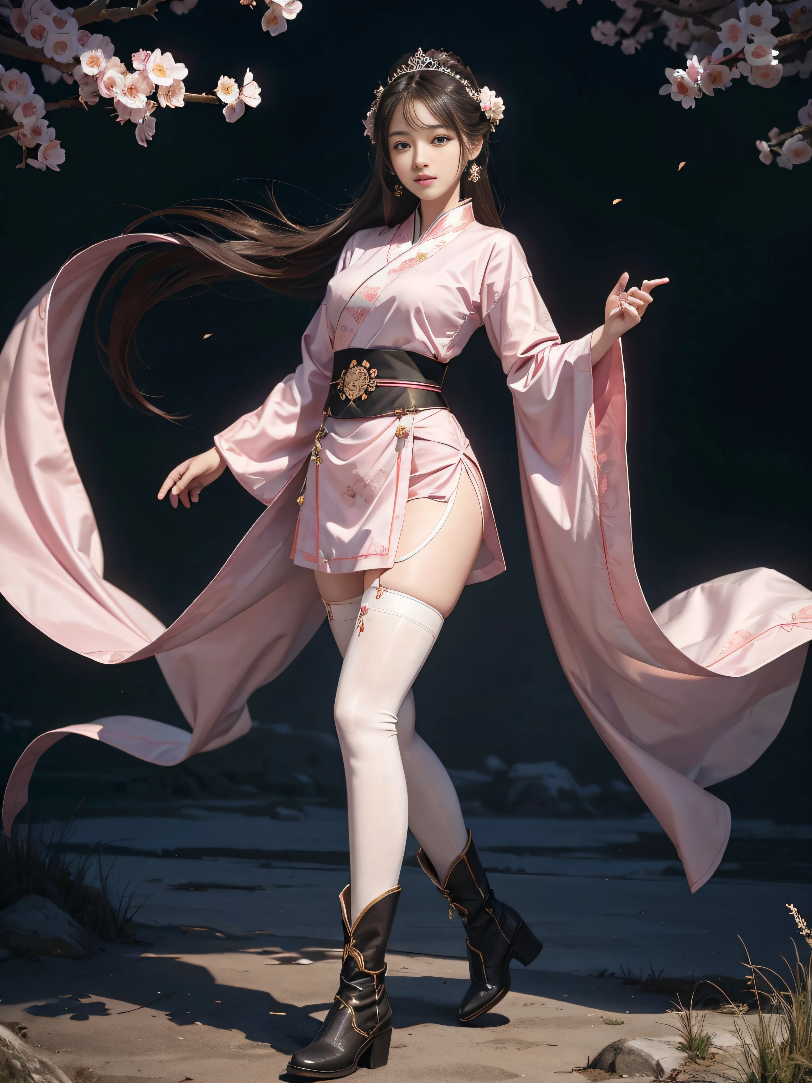 Royal sister,swordsmen,Big sister type,Oriental women,gallant woman,A female disciple of the Emei School,Cold sass,tmasterpiece,A high resolution,,Absolutely beautiful,,looking toward the viewer,full bodyesbian,frontage,(Wide buttock:1.3),(Thick legs:1.4),are standing,cruel grin,exquisitedetails,A high resolution,Wallpapers,,(Wear boots),Show off the boot look,(Knee-length stockings exposed),All over pale pink Hanfu,ancient wind,Hanfu,Wear long pants,floral patterns,clubs,Wide waistband,The emblem of the Emei faction,Hair is usually black or dark brown,simple tiara,Like a hairpin、hairpins, etc,Beautiful appearance,Good facial features,The eyes are shining,with fair skin,Plump body,Act lightly,Like a fairy