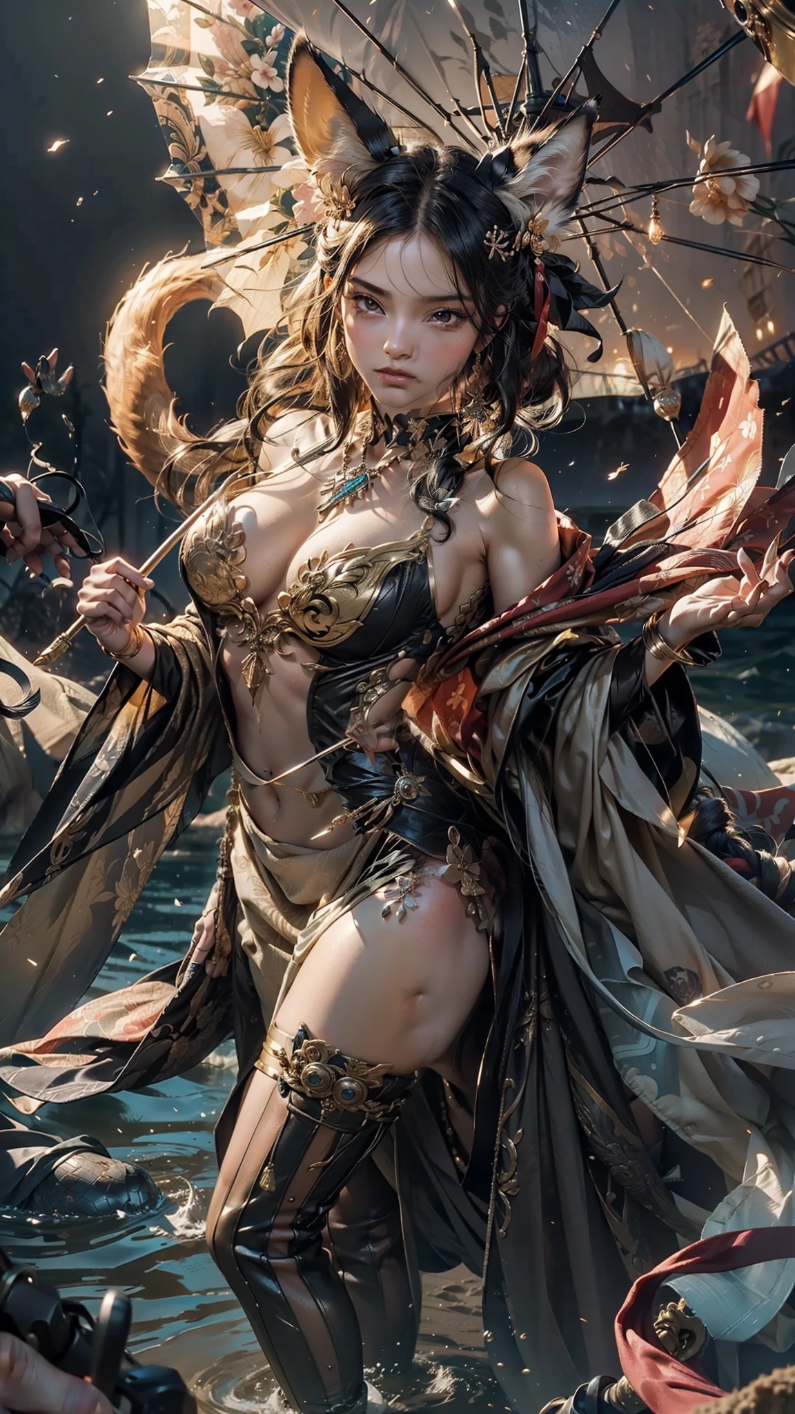 (maximum resolution: 1.2), (Ultra HDTV: 1.2), 8K resolution, Eye and skin detail, detailed facial features, , ( Sharp focus: 1.2）, (Focus focus) exact) facial expression: 1.2), Girl standing, In the sand, (long hair), Black hair , Desert background , Lots of sand, Fox ears, (hand holding umbrella)