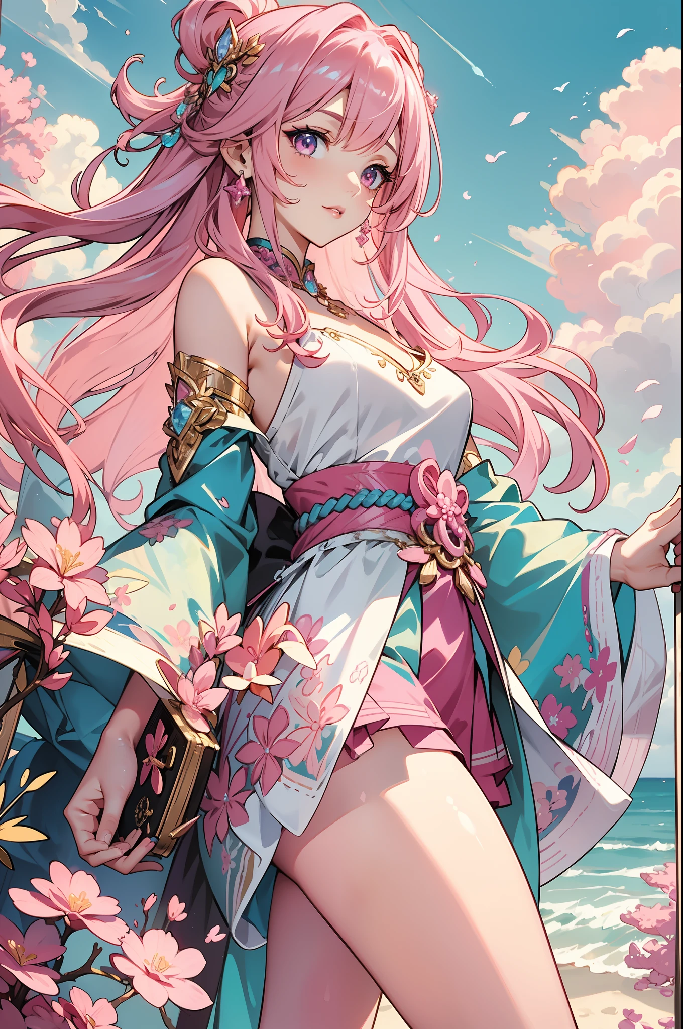 Masterpiece, super high quality, super detail, perfect drawing, CG, 3D, 8k, illustration, girl with beautiful face, beautiful girl with hiten_1, green eyes, pink hair, rabbit ears, loincloth Japan attire Shirtless Rich breasts Back appearance Cute plastic face Captain Lori Look back with a cute smile Three Size B95W60H90 Masterpiece, Super High Quality, Super Detail, Perfect Drawing, CG, 3D, 8k, illustration