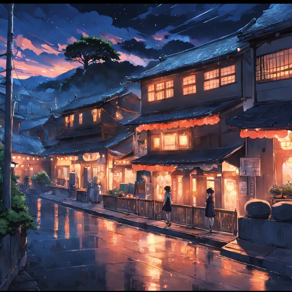 exterior, valle, noche, estilo anime